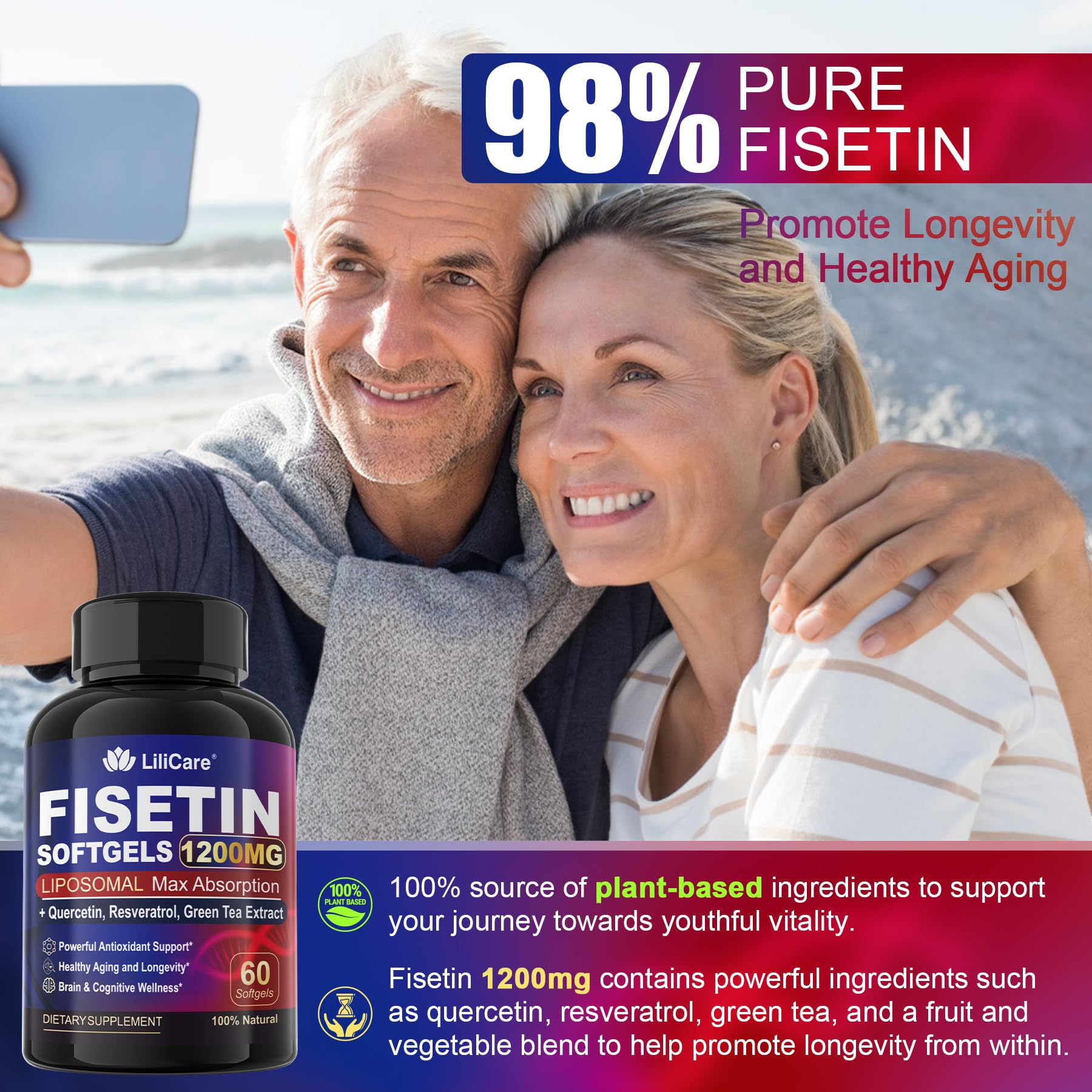 LILICARE Fisetin Softgels displayed on a wooden table