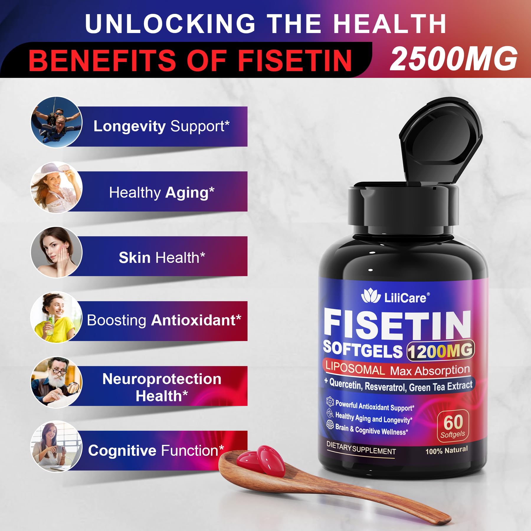 LILICARE Fisetin Softgels opened bottle view