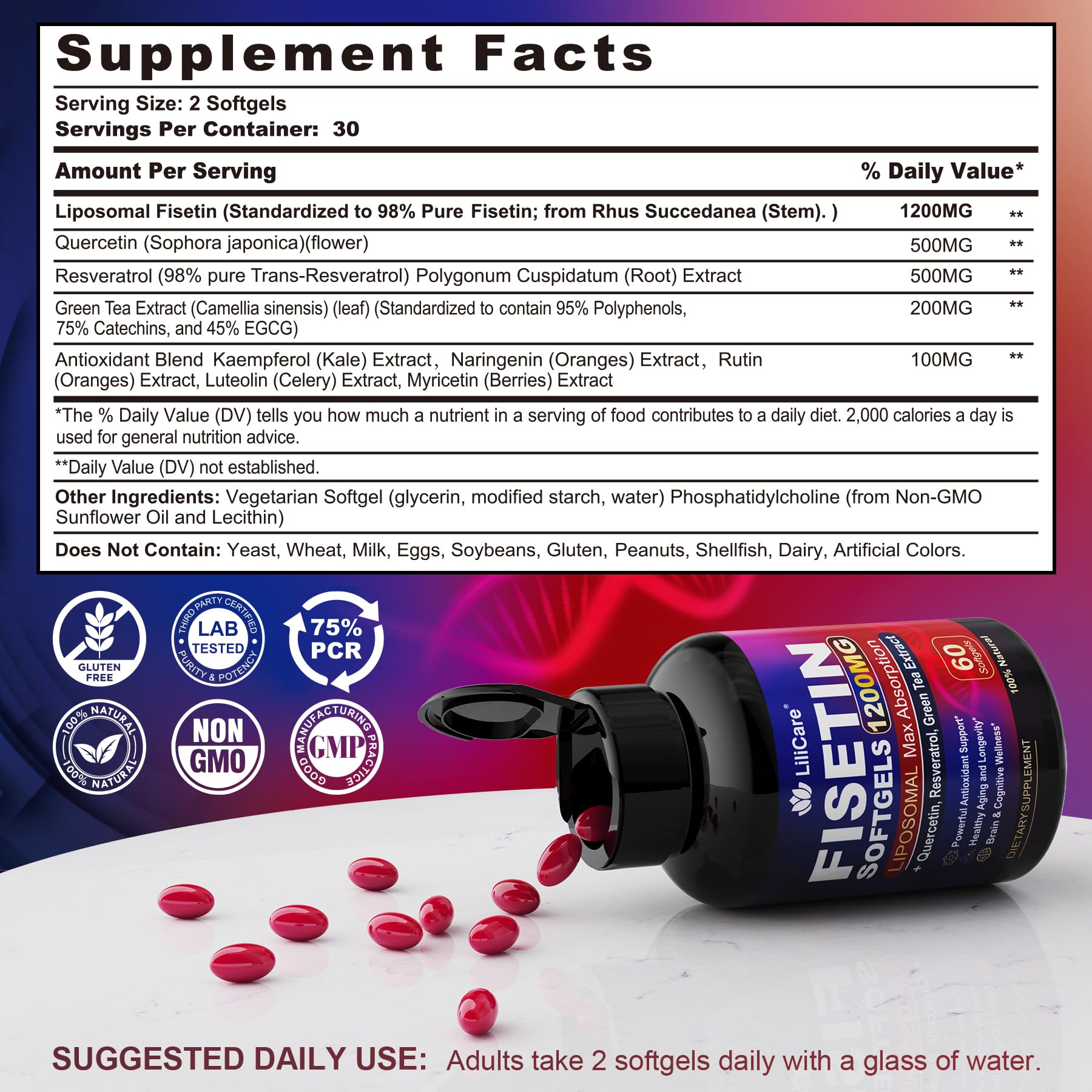 LILICARE Fisetin Softgels packaging with ingredients