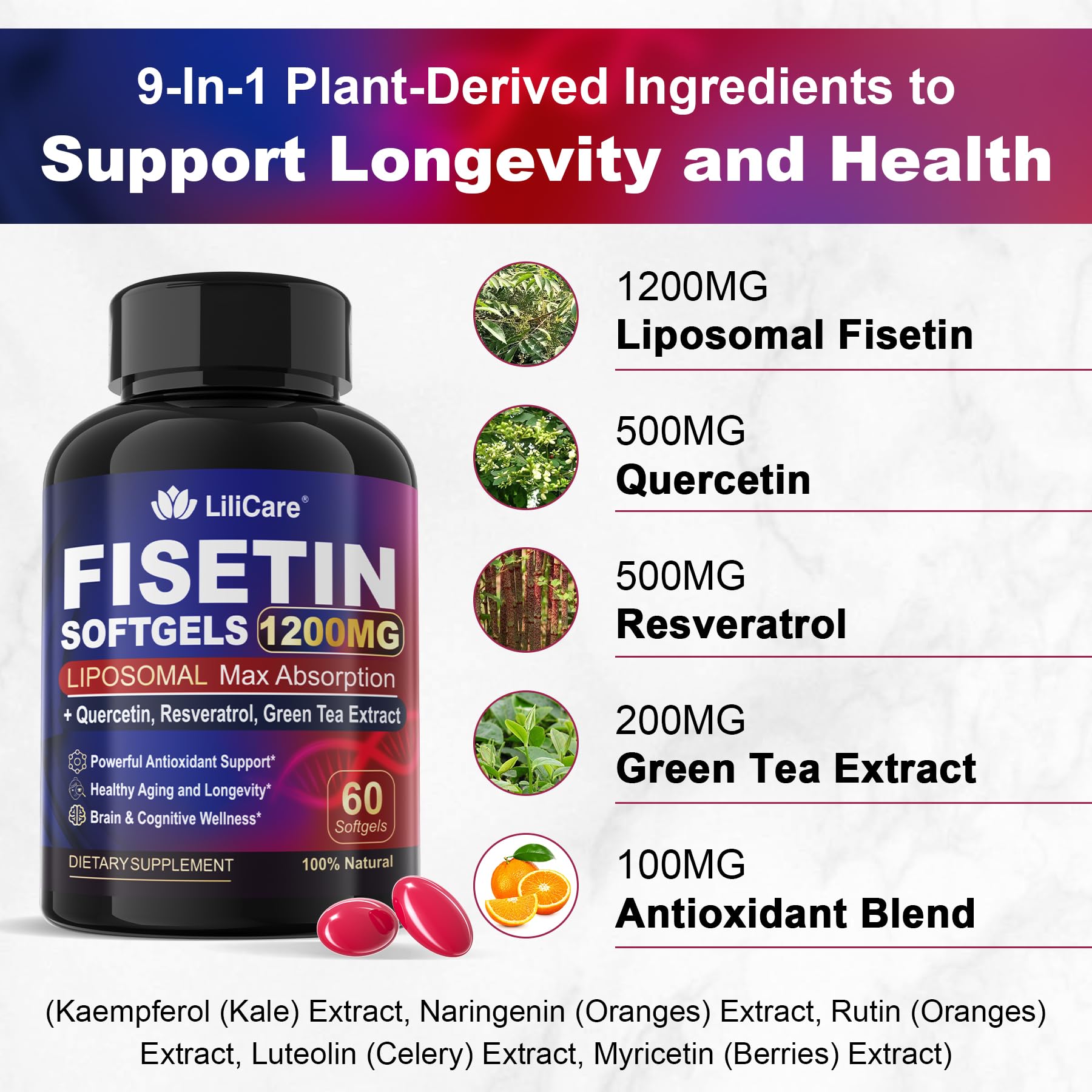 LILICARE Fisetin Softgels showing the liposomal delivery system