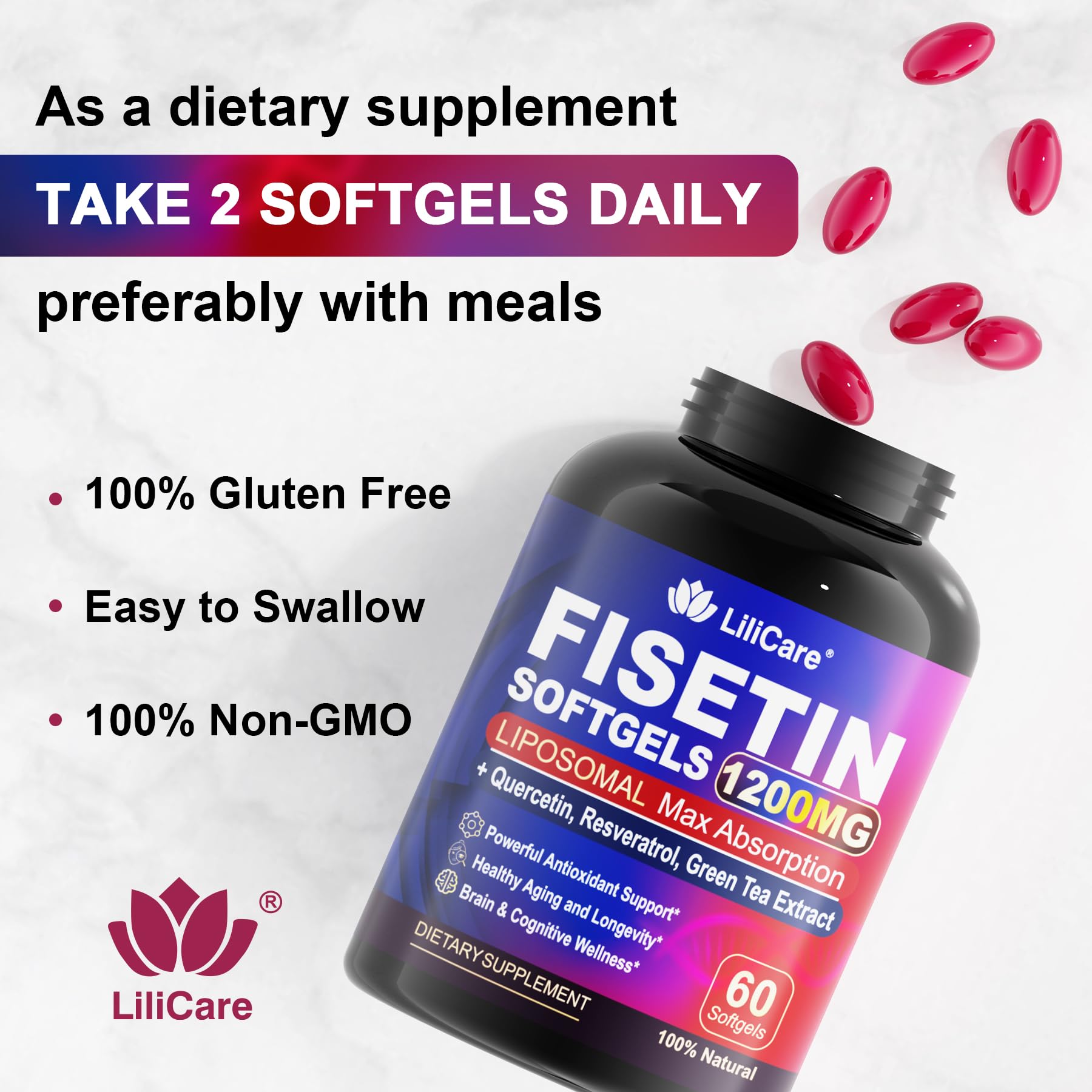 LILICARE Fisetin Softgels with a glass of water
