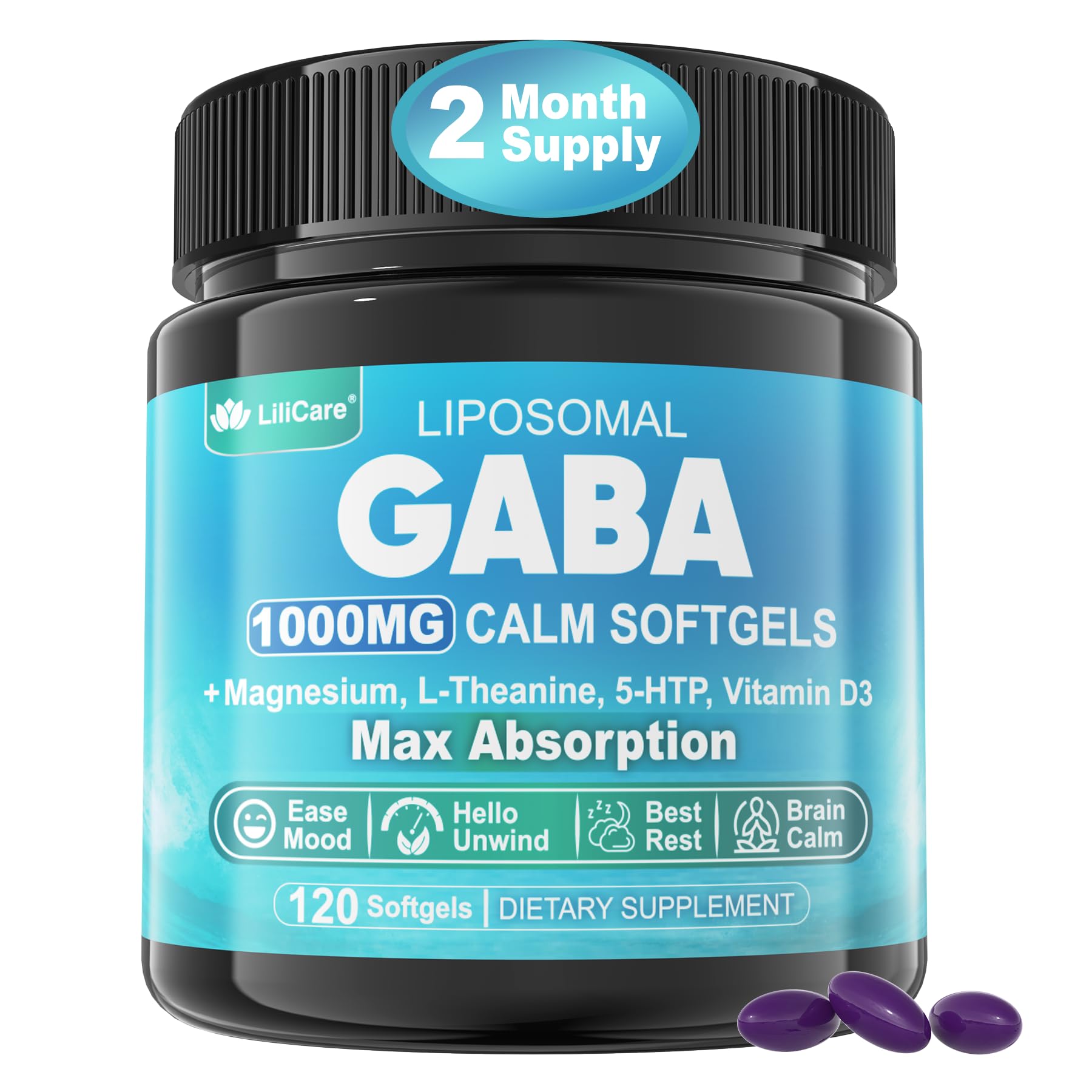 LILICARE GABA Calm Softgels 1000MG front view of bottle