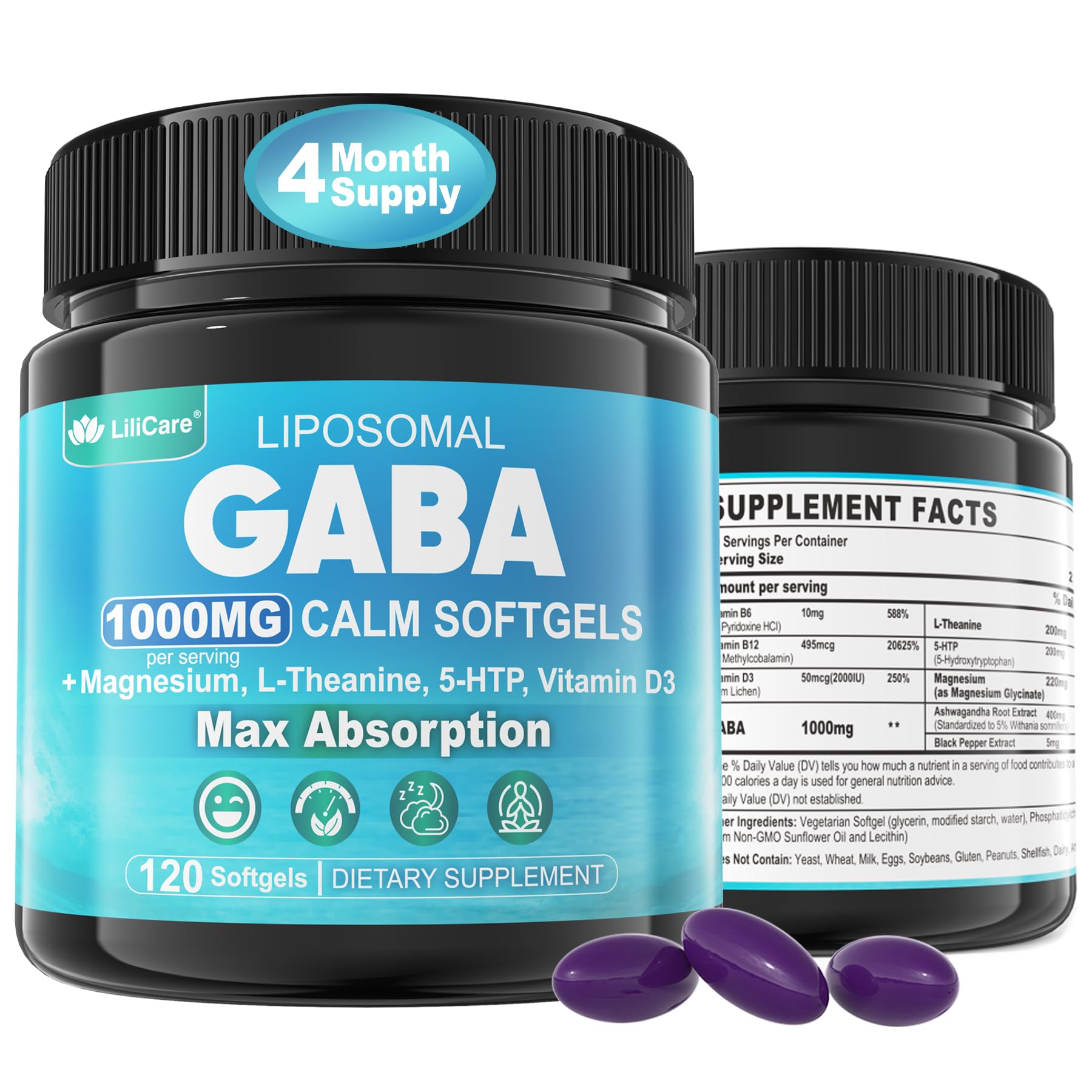 LILICARE GABA Supplement 1000mg front view of bottle