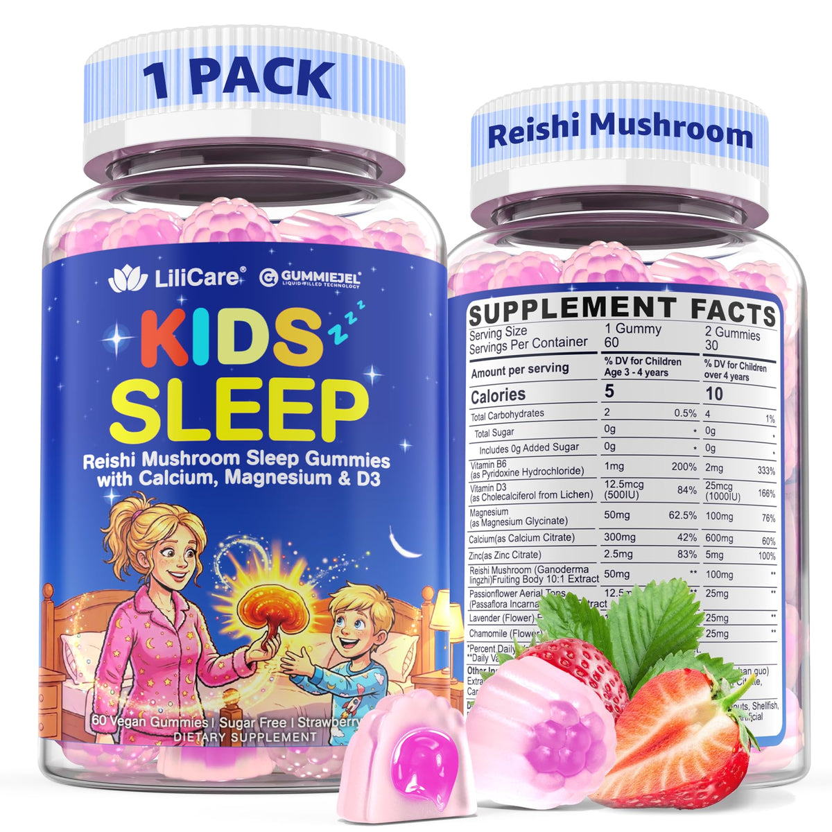 LILICARE Kids Reishi Mushroom Sleep Gummies front view, purple packaging