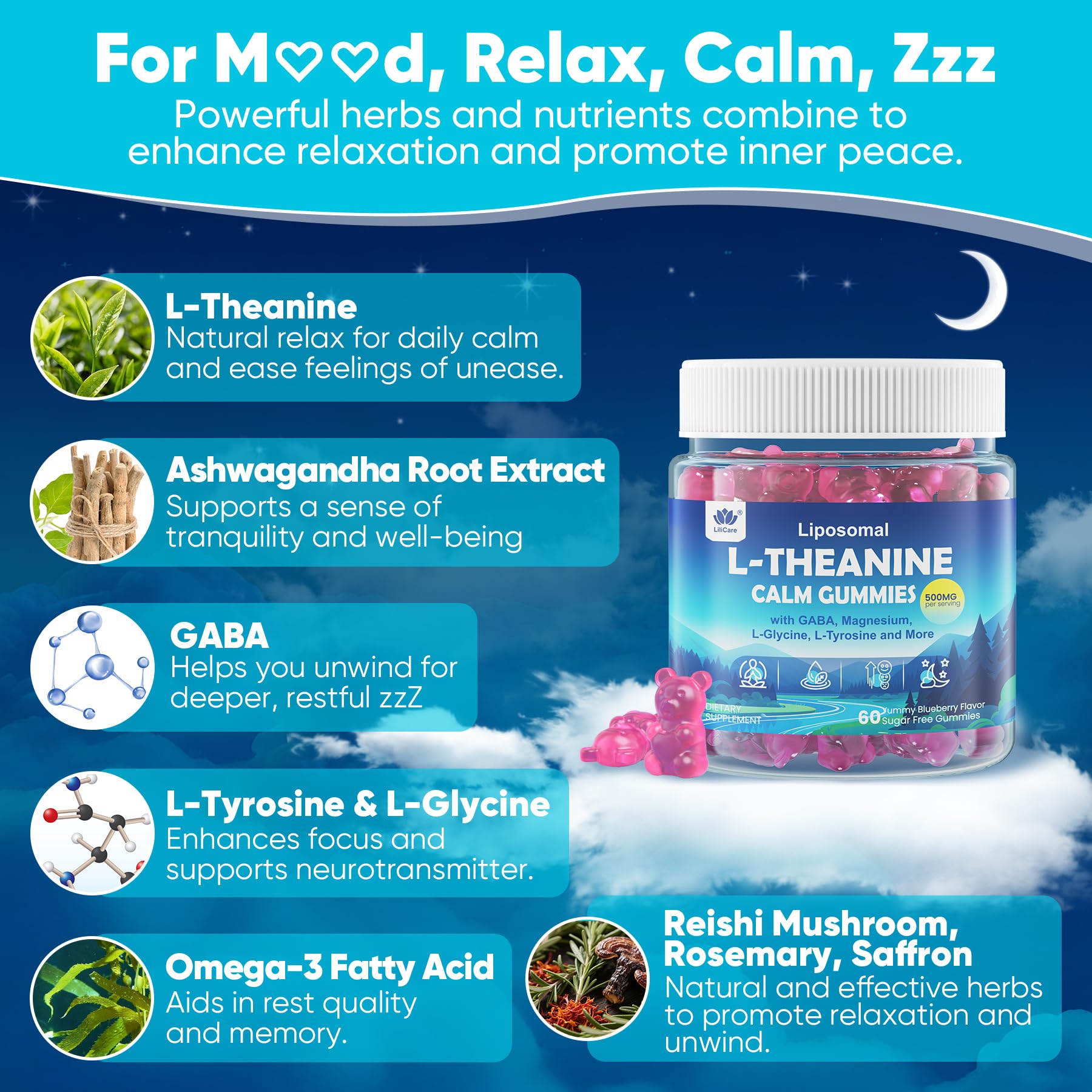 LILICARE L-Theanine Calm Gummies showing the gummies in a bowl