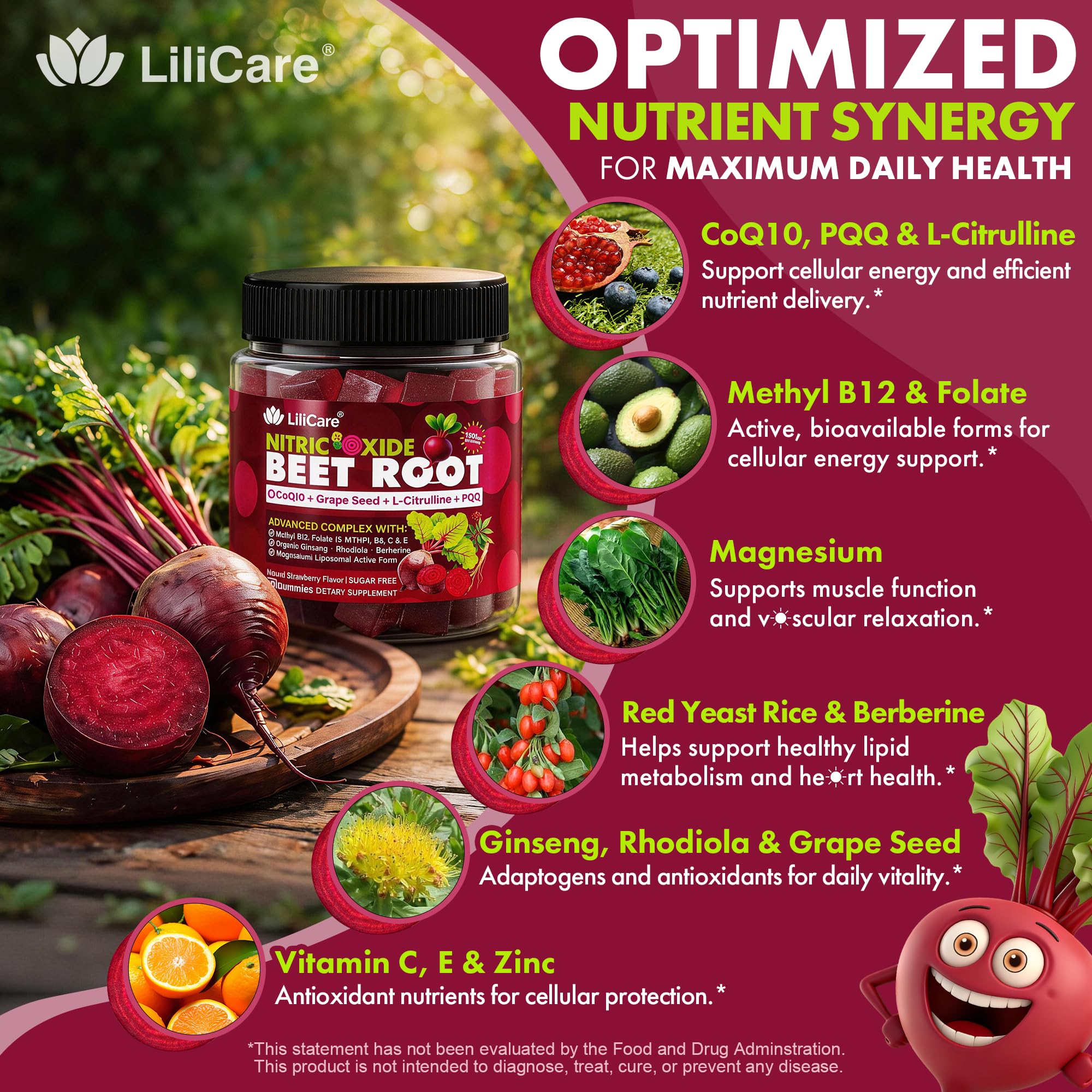 LILICARE Liposomal Beetroot Chews displayed on a wooden table