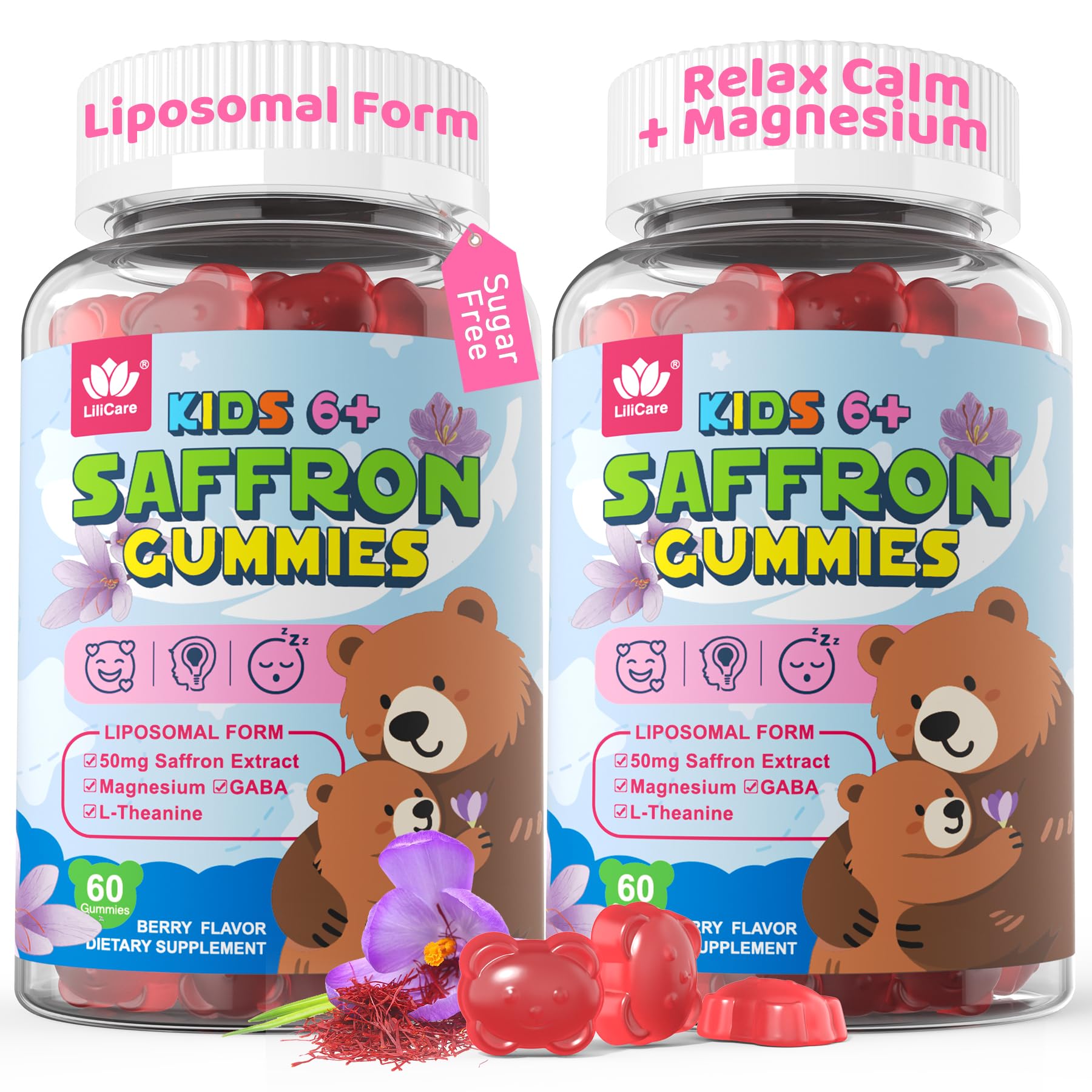 LILICARE Liposomal Saffron Gummies for Kids front view with mixed berry flavour