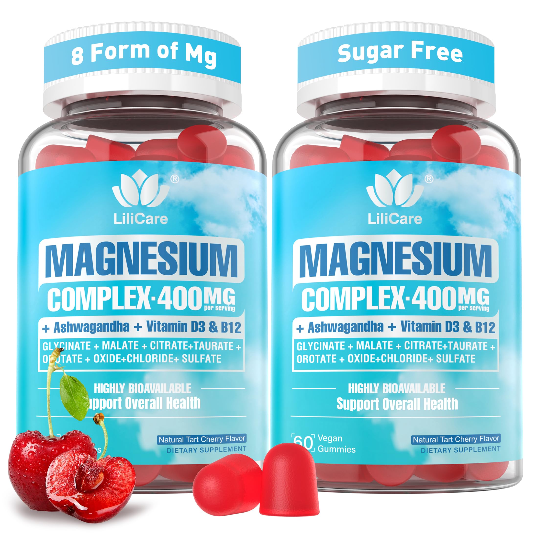 LILICARE Magnesium Gummies 400mg front view with cherry flavour