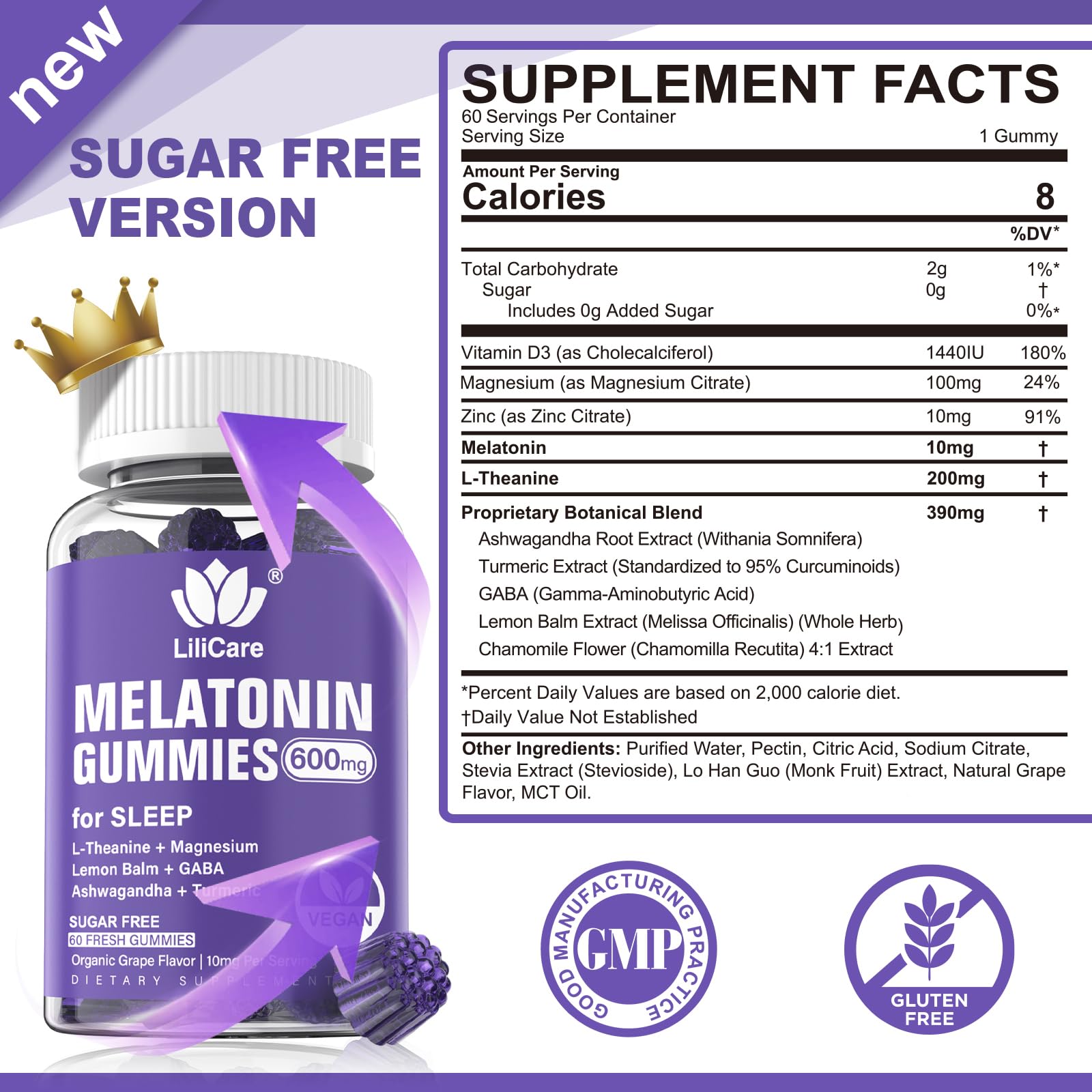 LILICARE Melatonin Gummies 10mg side view showing ingredients