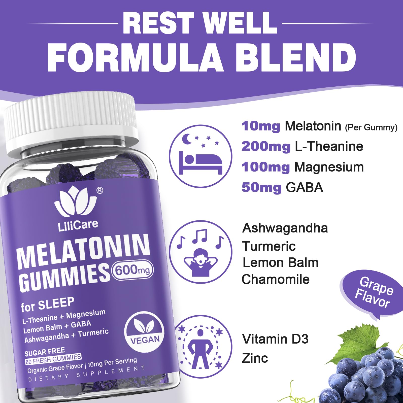 LILICARE Melatonin Gummies 10mg with Magnesium and Ashwagandha