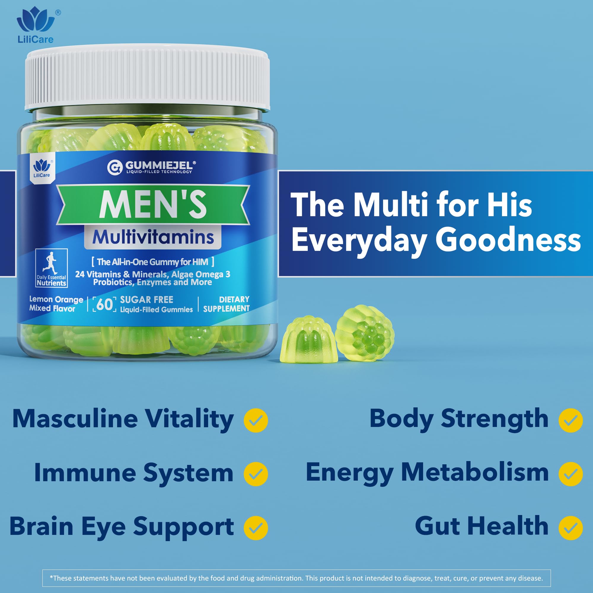 LILICARE Men's Multivitamin Gummies displayed with fresh fruits