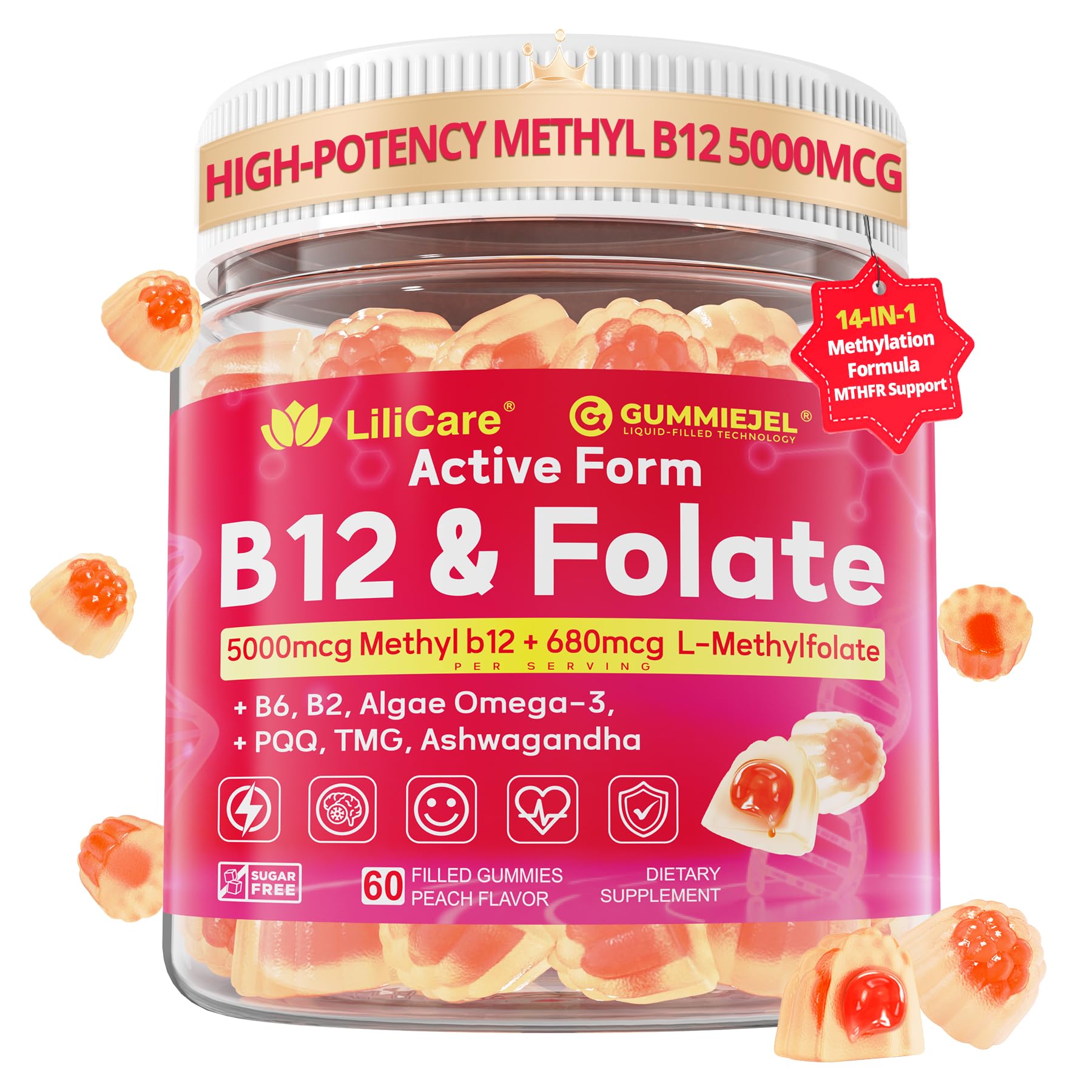 LILICARE Methylated B12 & Folate Gummies front view with packaging