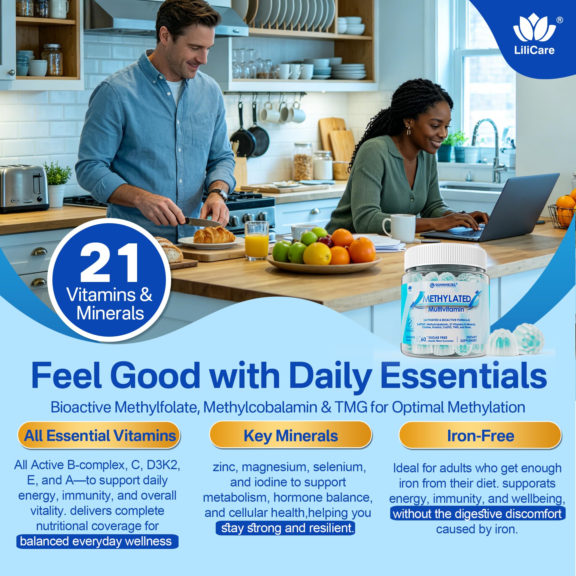 LILICARE Methylated Multivitamin Gummies with ingredients list