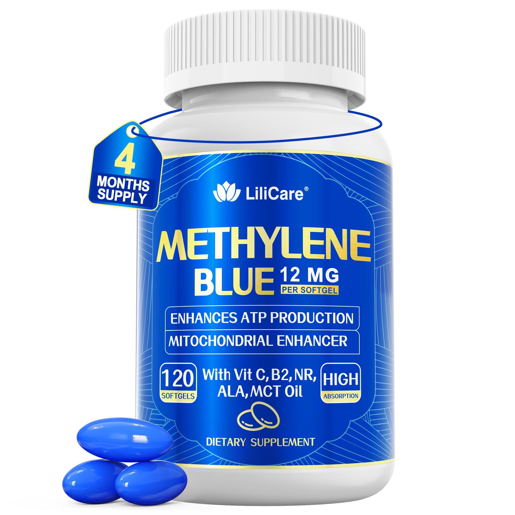 LILICARE Methylene Blue Softgels front view with 120 count