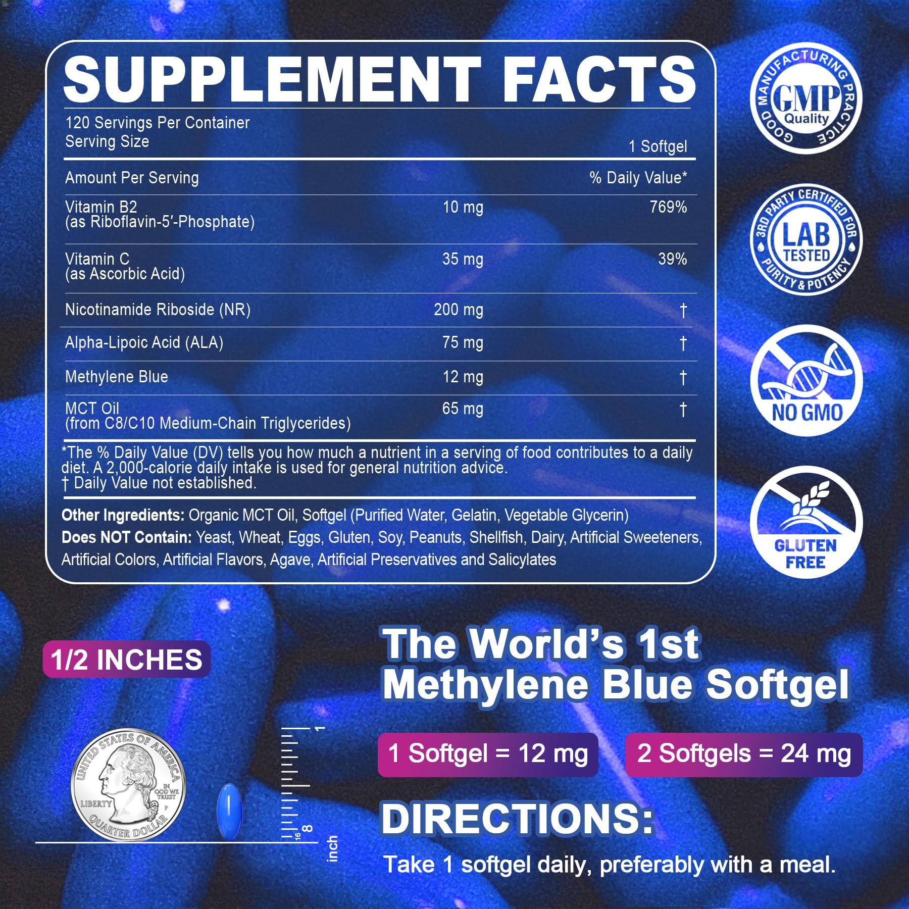 LILICARE Methylene Blue Softgels side view showing softgel