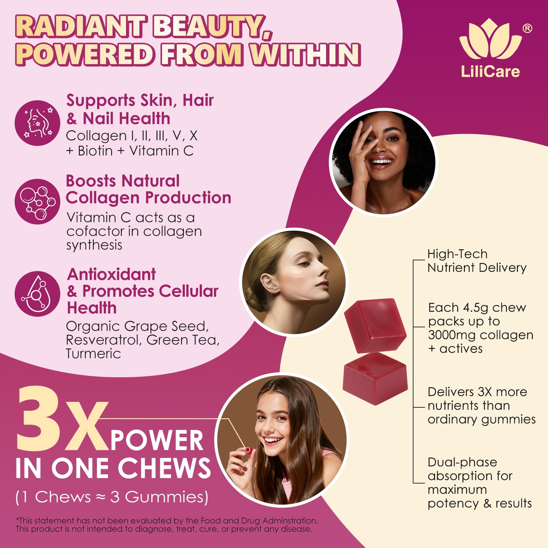 LILICARE Multi-Collagen Soft Chews ingredients list on packaging