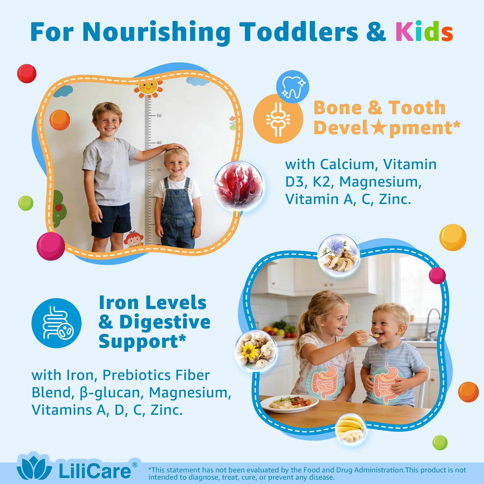LILICARE Multivitamin Gummies for Kids 2-3 & 4+ with fruits background