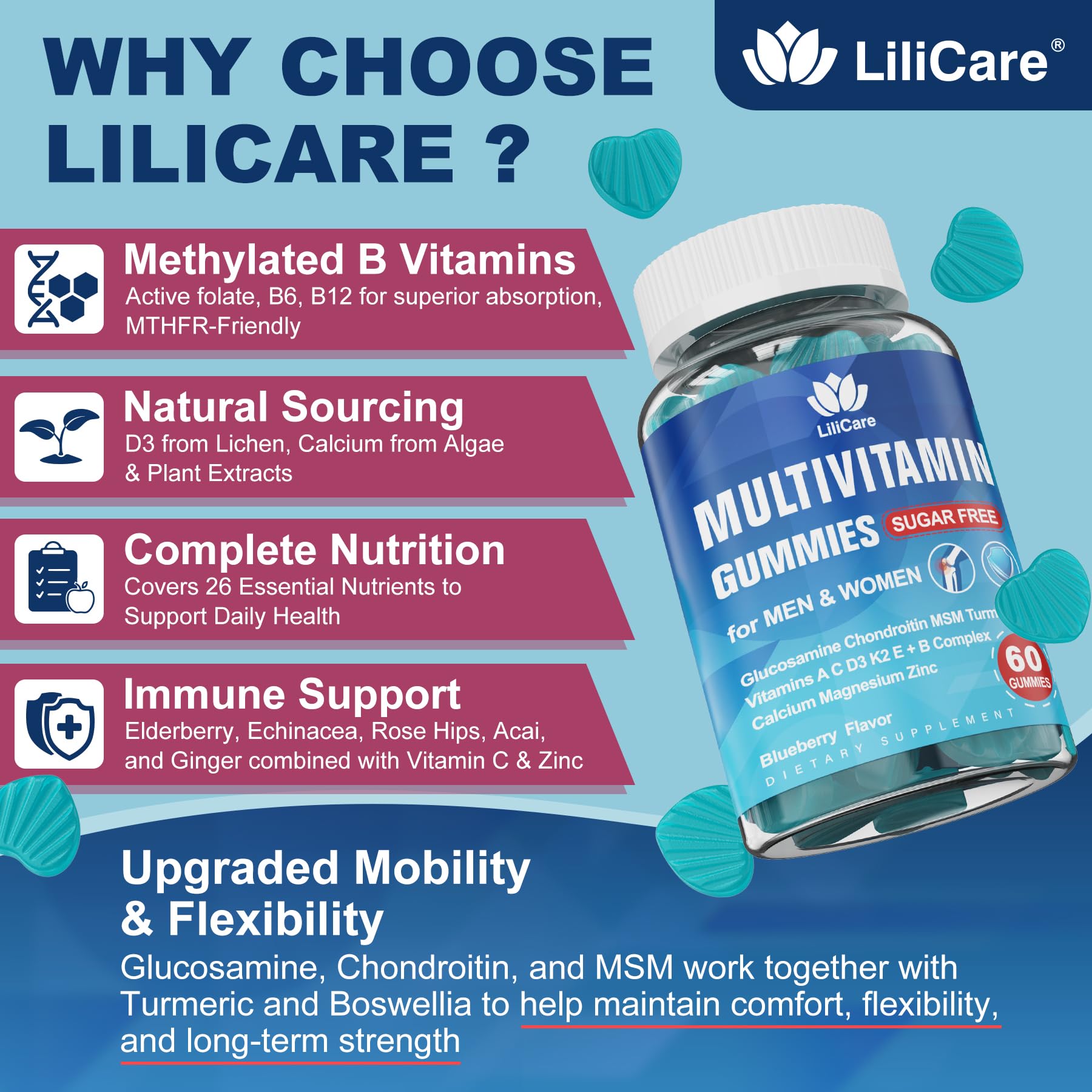 LILICARE Multivitamin Gummies on a wooden table with fresh berries