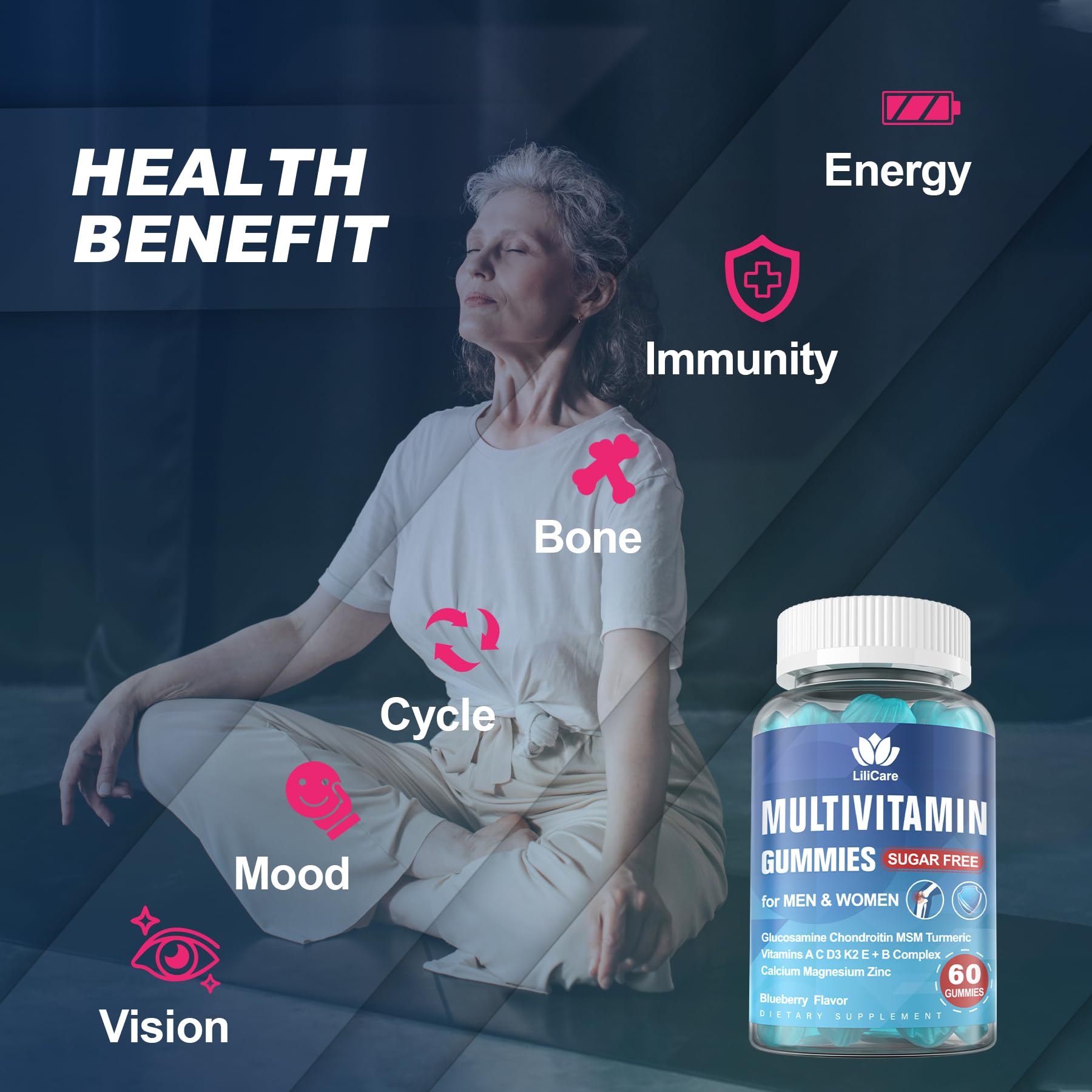 LILICARE Multivitamin Gummies open bottle with gummies spilling out