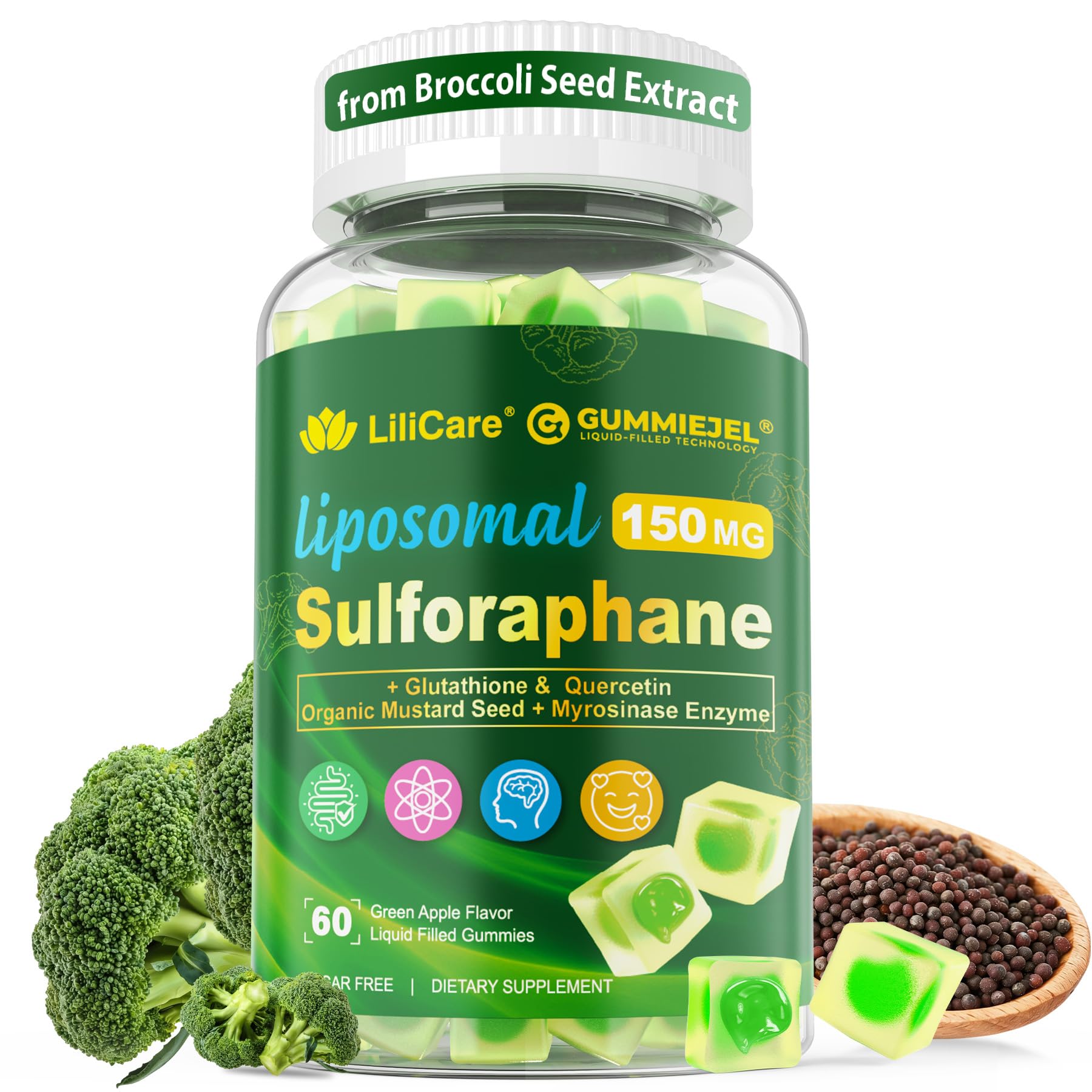 LILICARE Sulforaphane Gummies bottle front view with green apple flavour