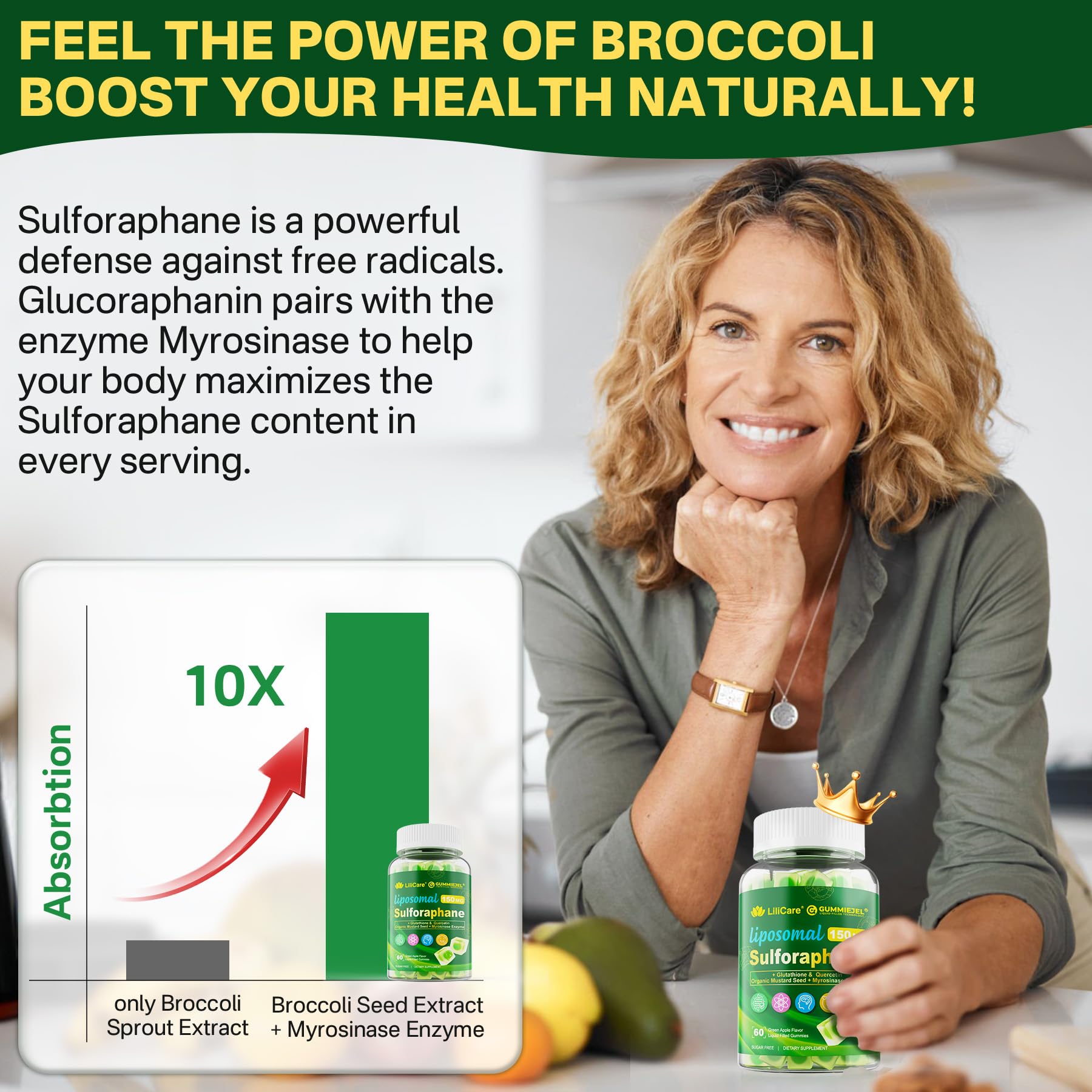 LILICARE Sulforaphane Gummies green apple flavour gummies on a wooden table