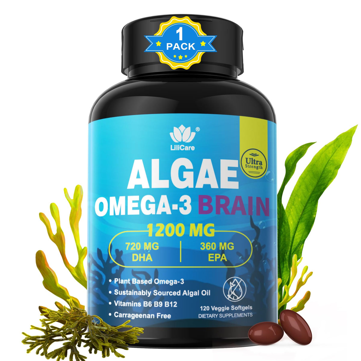 LILICARE Vegan Omega-3 Algae Oil 1200mg softgels front view