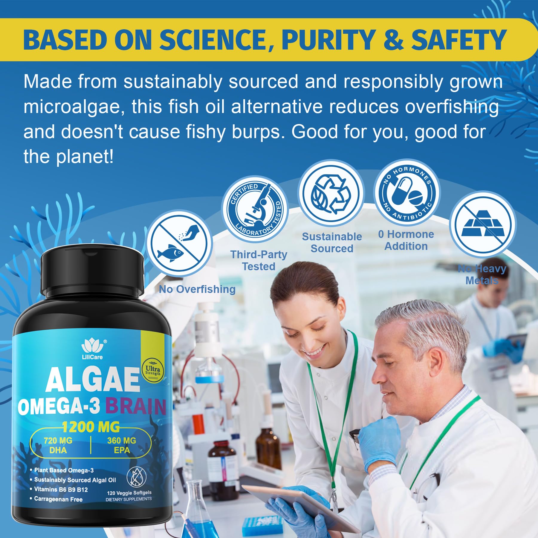 LILICARE Vegan Omega-3 Algae Oil 1200mg softgels with a glass of water