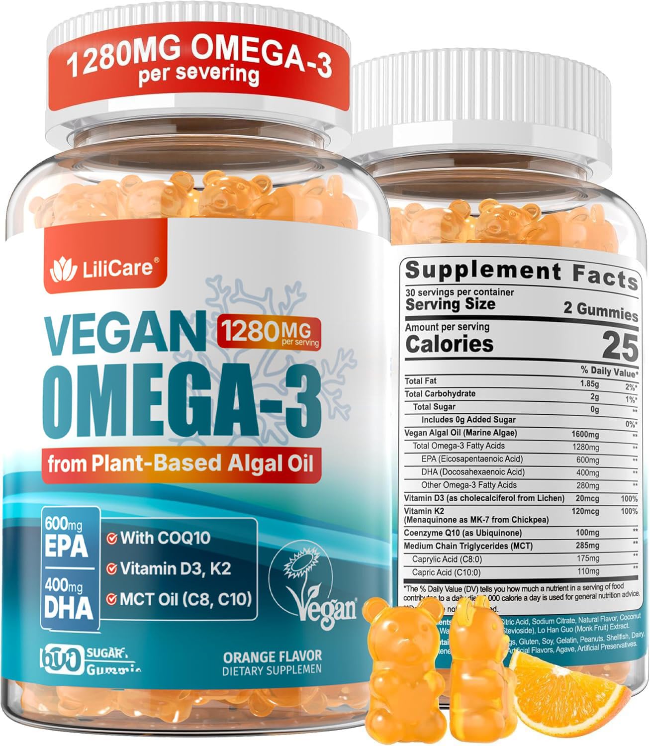 LILICARE Vegan Omega 3 Gummies front view with packaging