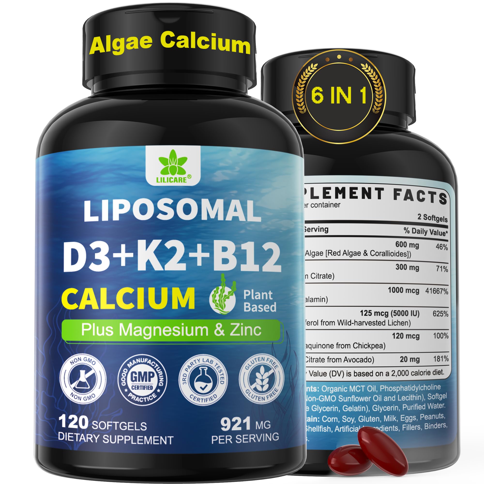 LILICARE Vitamin D3 K2 Calcium Softgels bottle front view