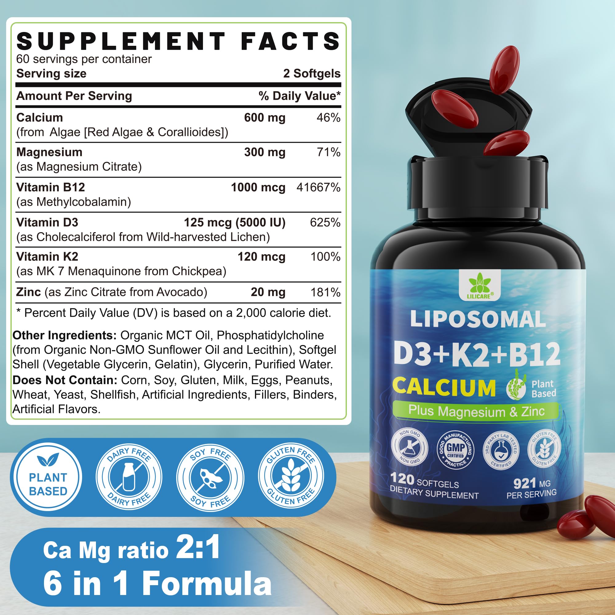 LILICARE Vitamin D3 K2 Calcium Softgels side view