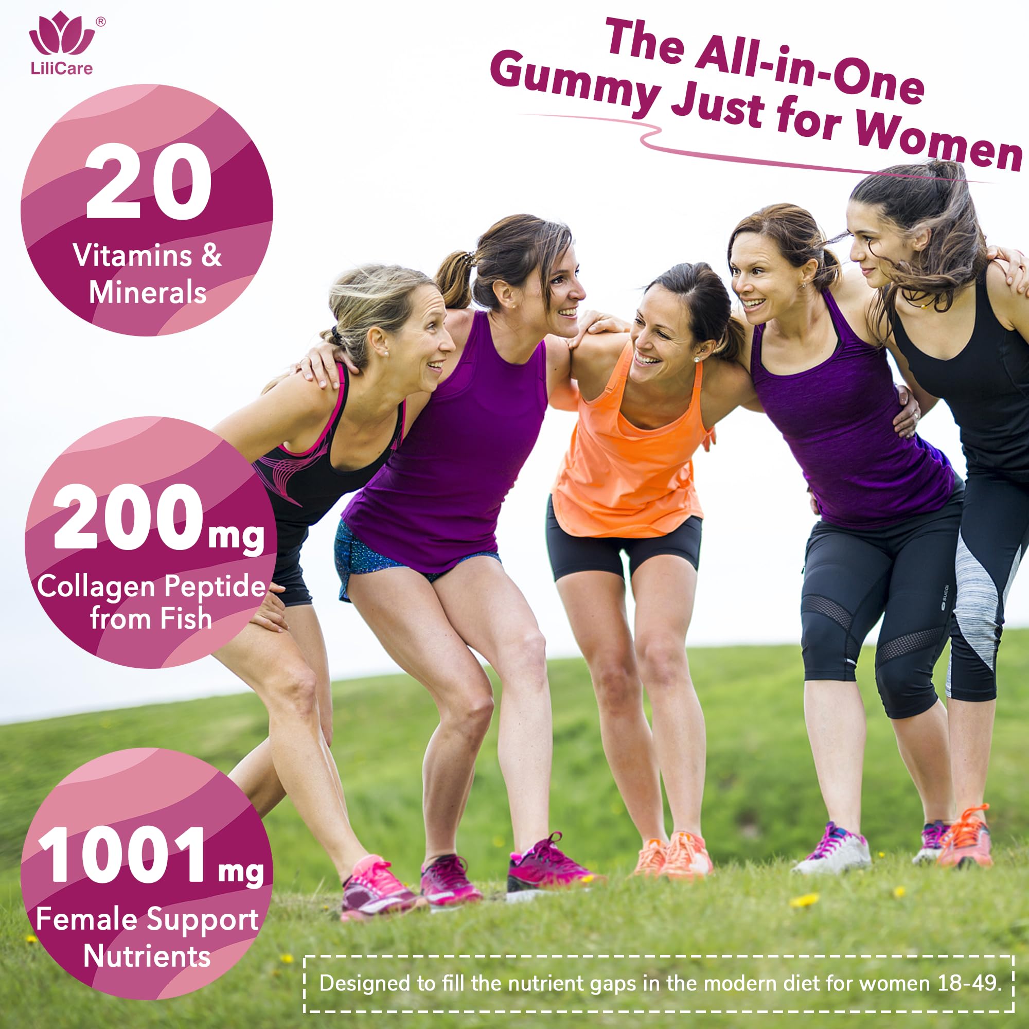 LILICARE Women's Multivitamin Gummies side view with nutritional information