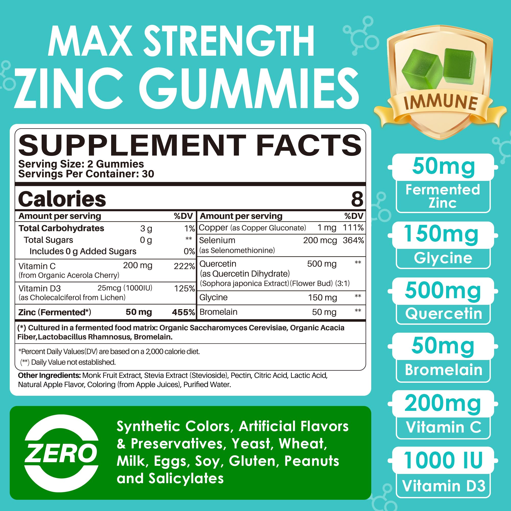 LILICARE Zinc Gummies 50mg side view showing ingredients
