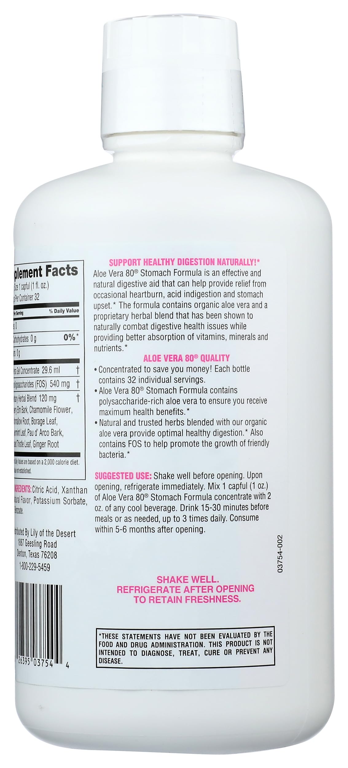 Lily Of The Desert Aloe 80 Organics Stomach Formula 32 Ounce back view