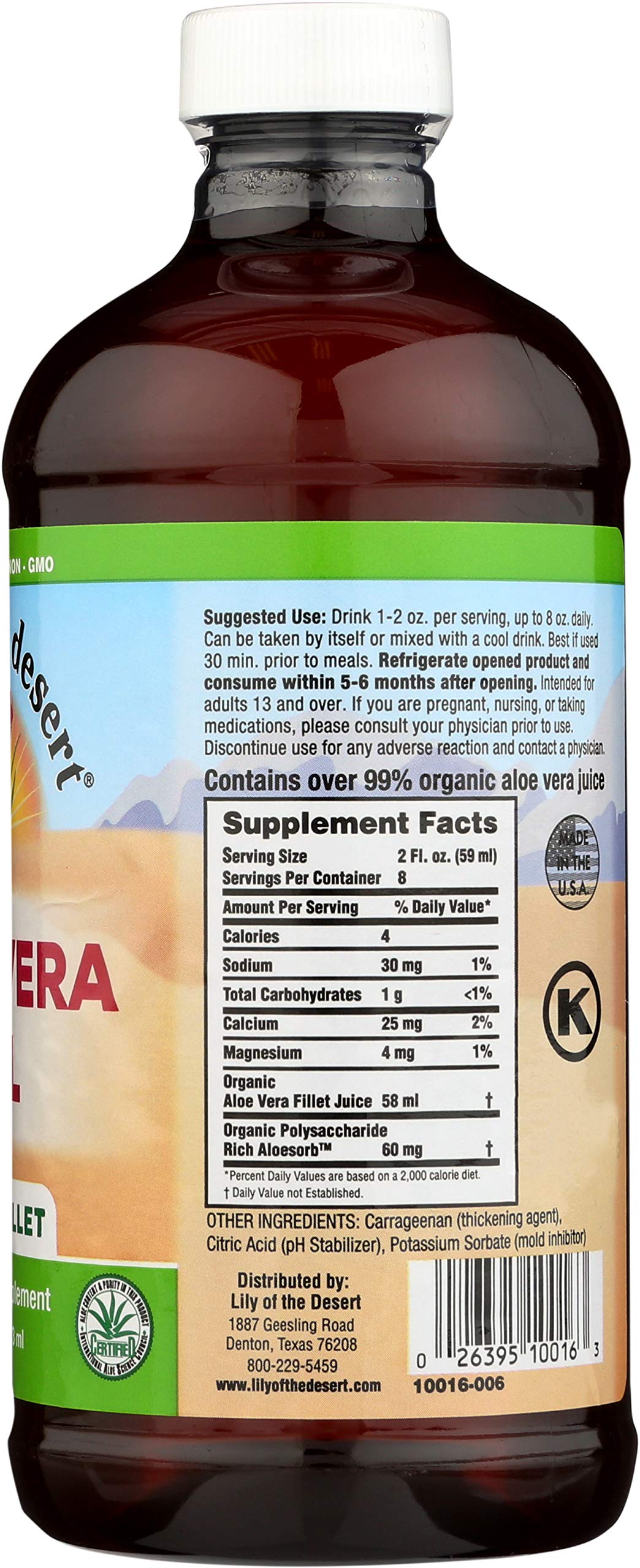 Lily Of The Desert Aloe Vera Juice 544g back view with ingredients