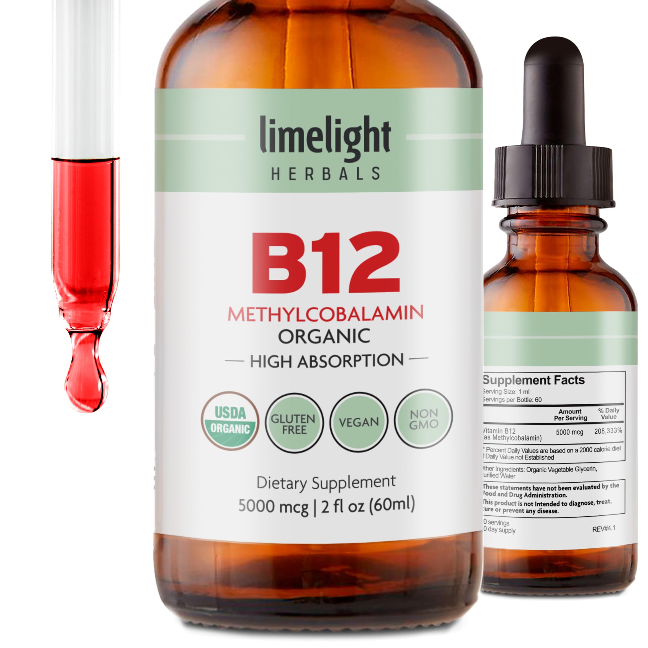 LIMELIGHT HERBALS Vitamin B12 Sublingual Liquid Drops 5000 mcg front view
