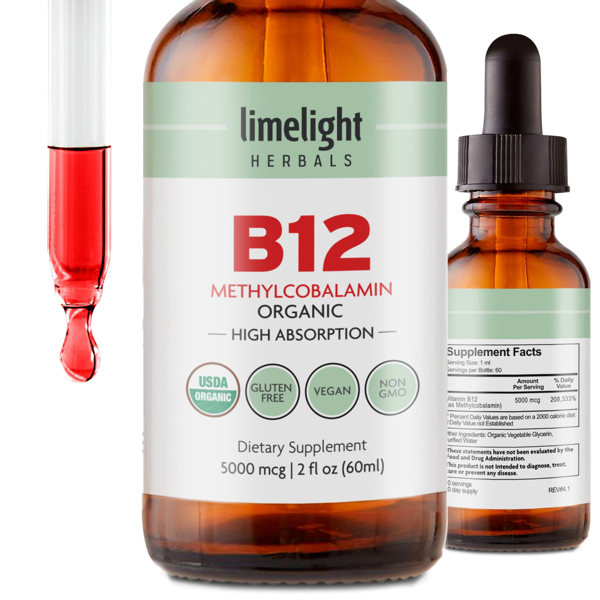 LIMELIGHT HERBALS Vitamin B12 Sublingual Liquid Drops 5000 mcg front view