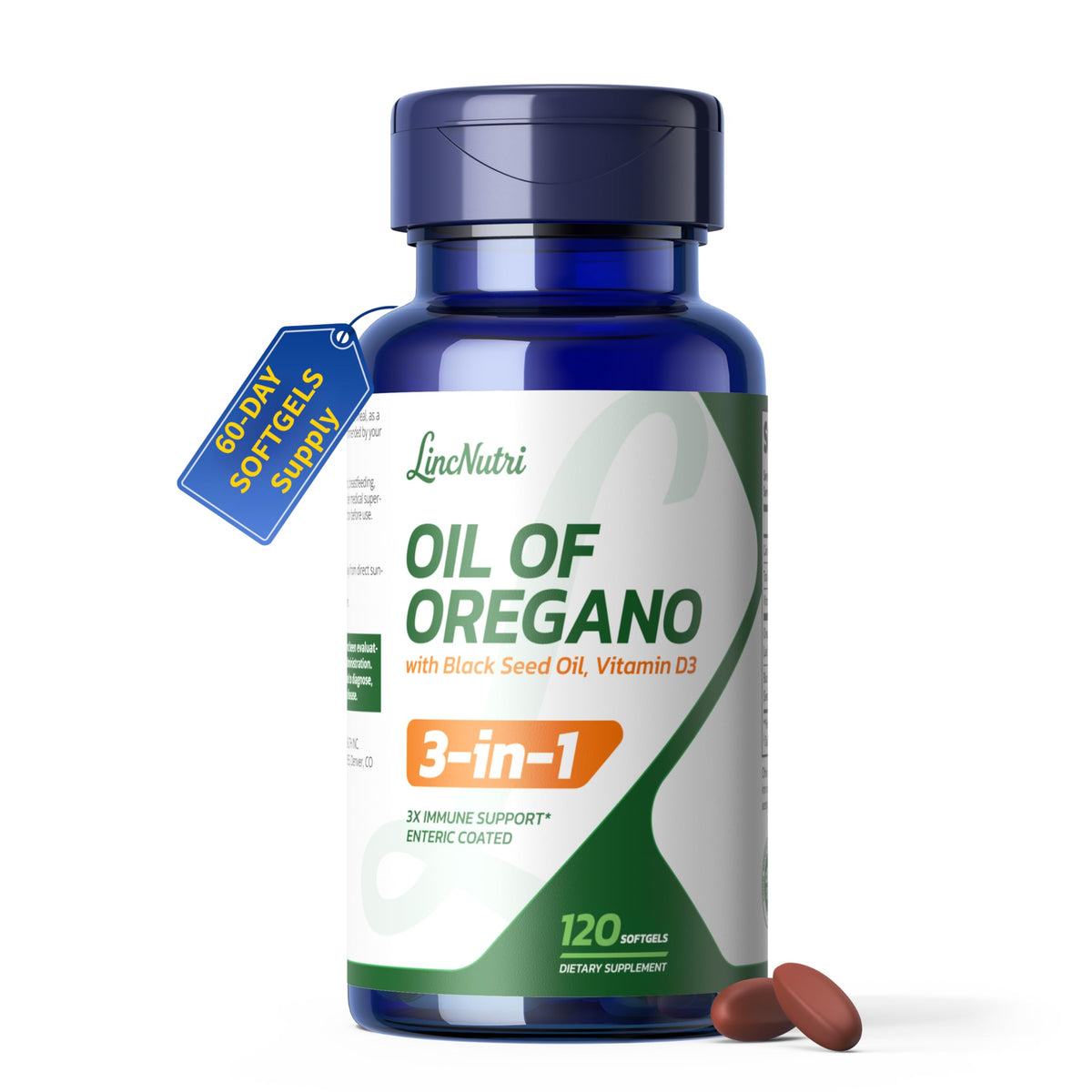LincNutri Oregano Oil Capsules 120 Count front view