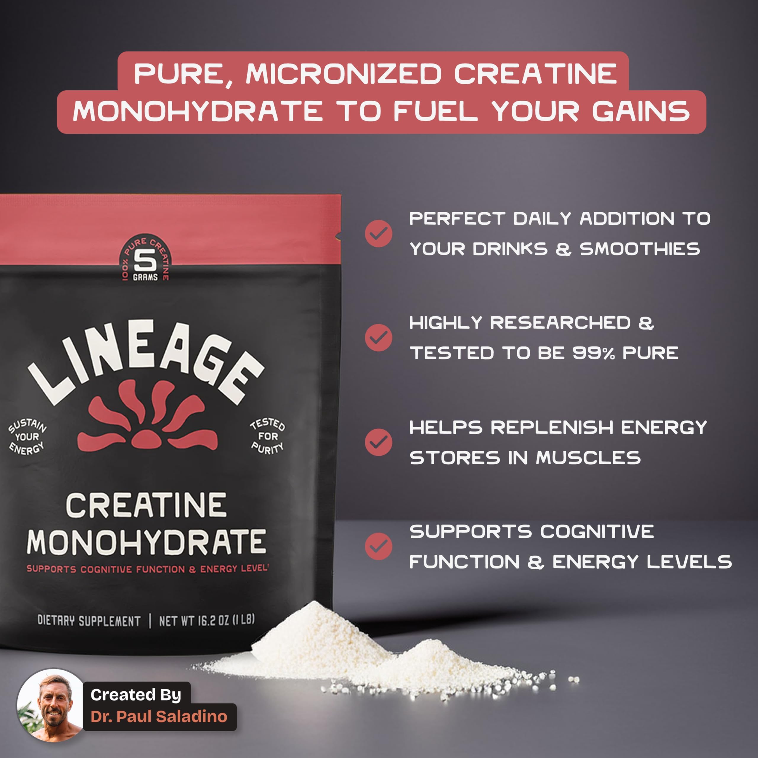 Lineage Provisions Micronized Creatine Monohydrate 490g side view