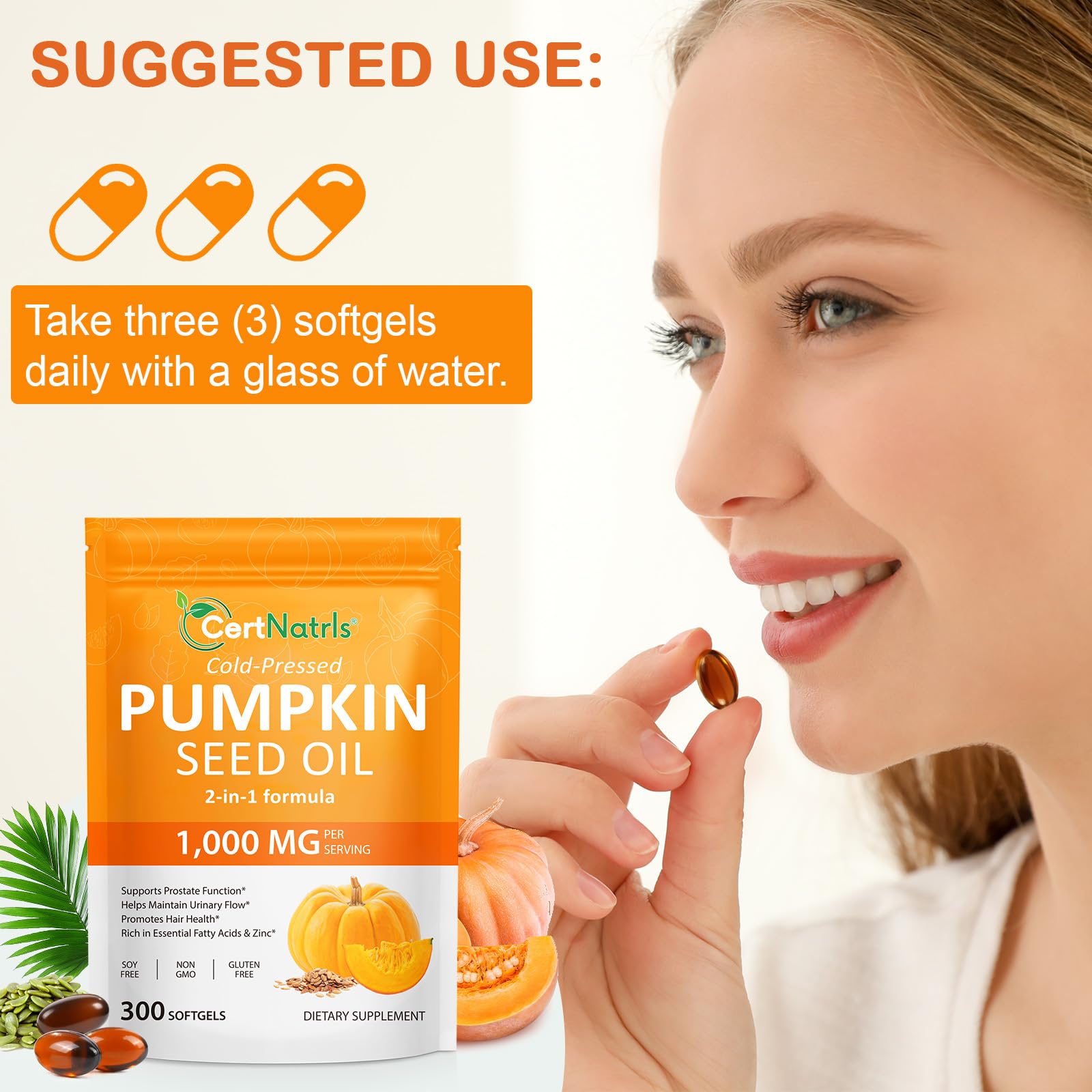 Linizanjiiy Pumpkin Seed Oil Capsules with a glass of water