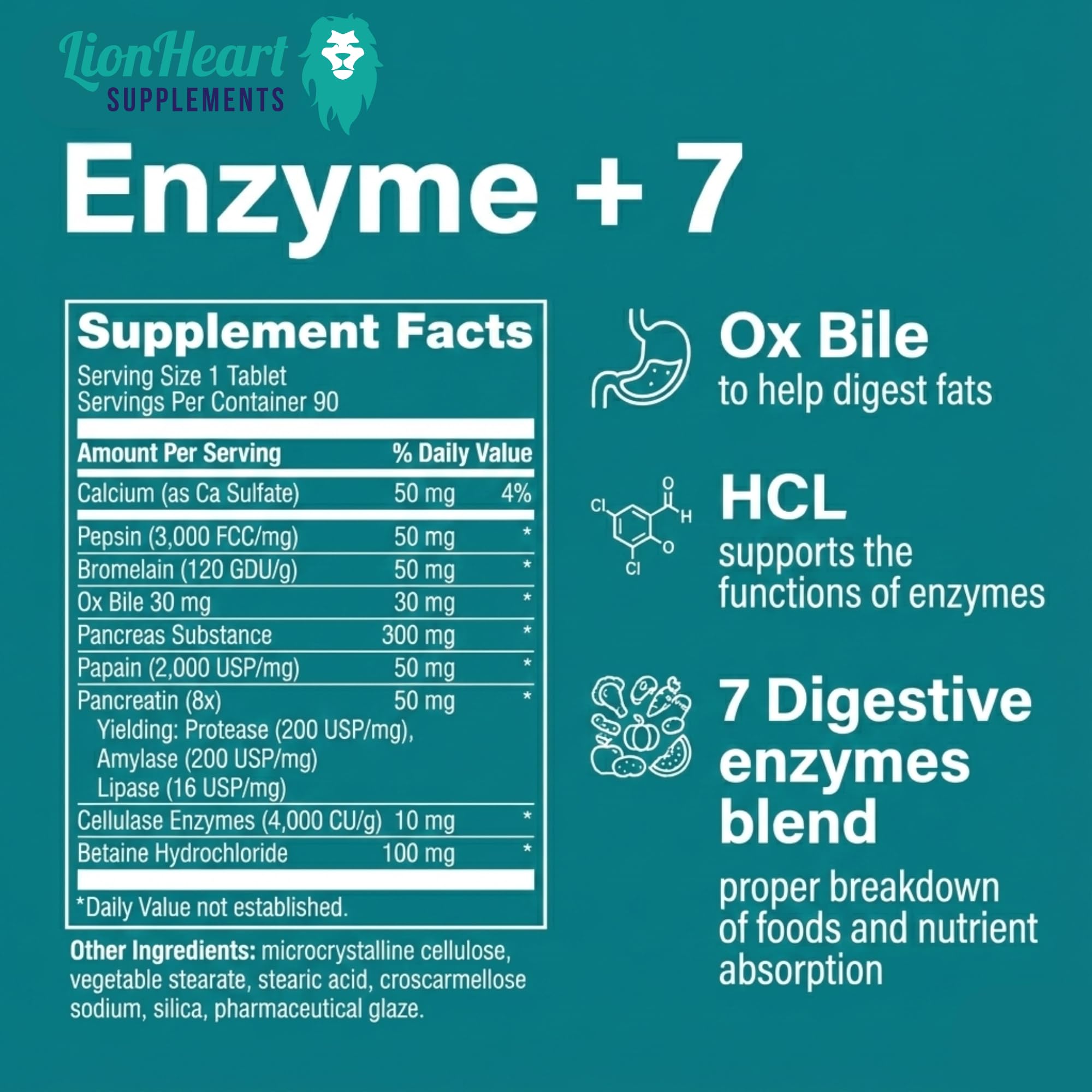LionHeart Supplements Enzyme +7 90 Tablets close-up of tablets