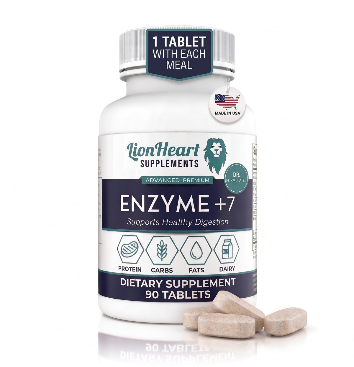 LionHeart Supplements Enzyme +7 90 Tablets front view