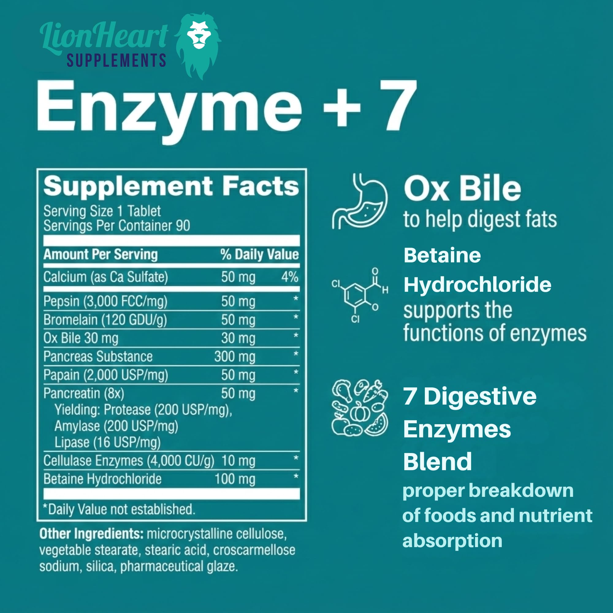 LionHeart Supplements Enzyme + 7 packaging on a wooden table