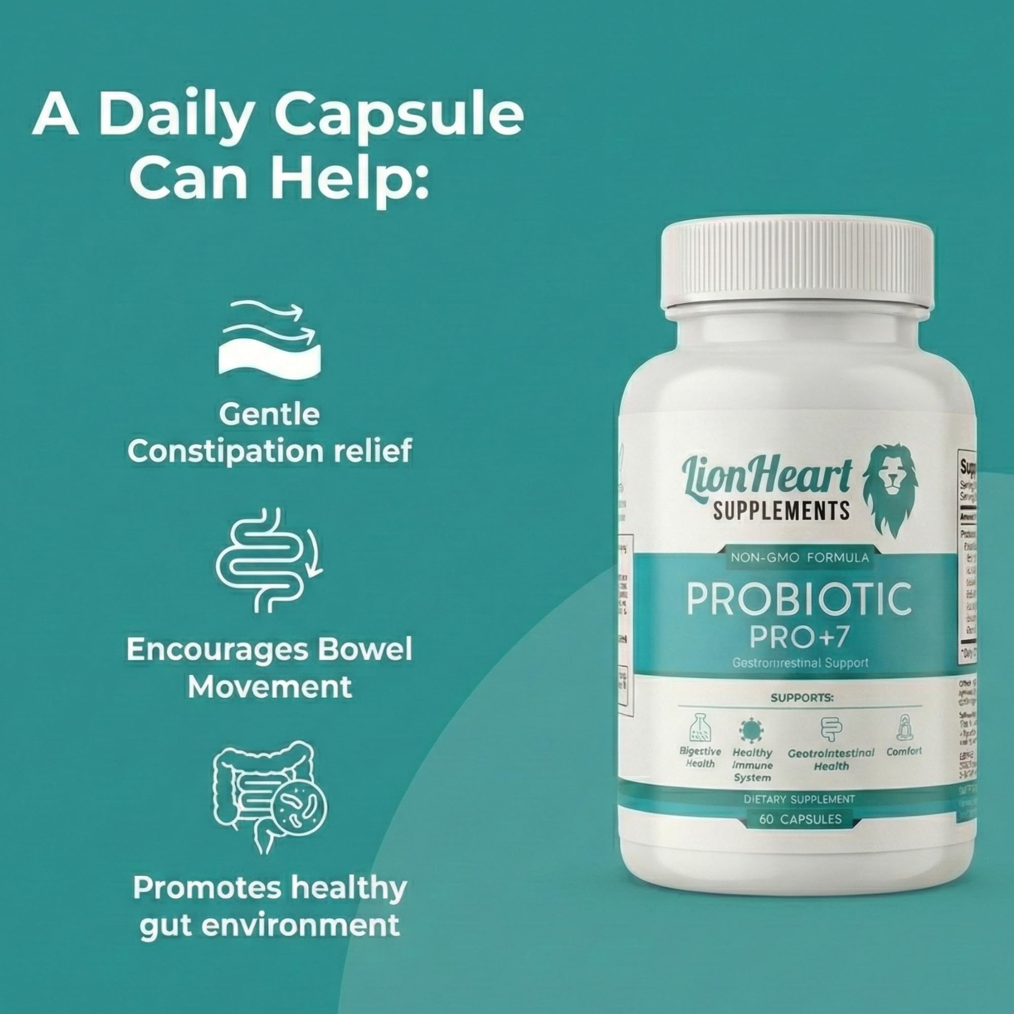 LionHeart Supplements Probiotic Pro Plus 7 capsule bottle with natural background