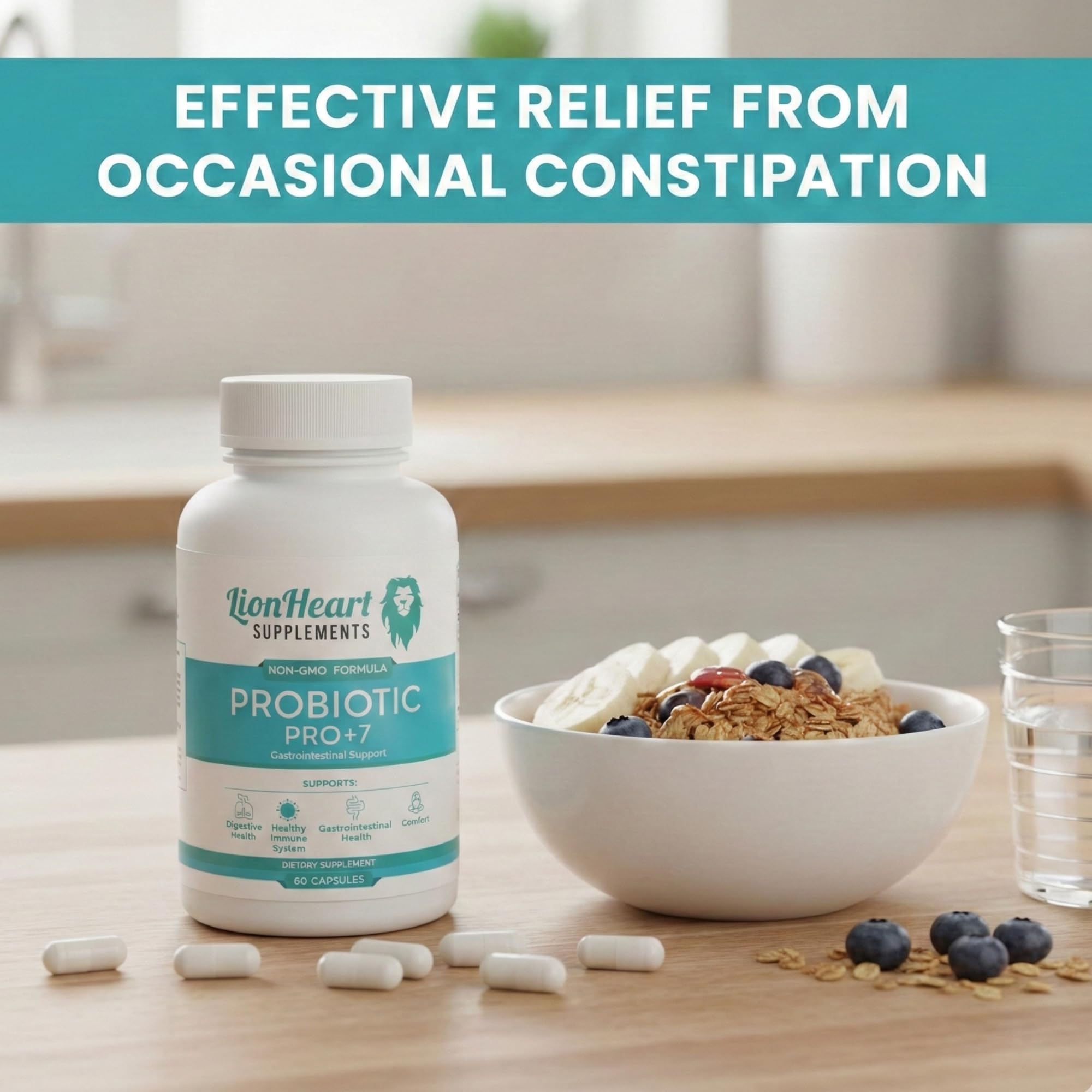 LionHeart Supplements Probiotic Pro Plus 7 capsules on a wooden table