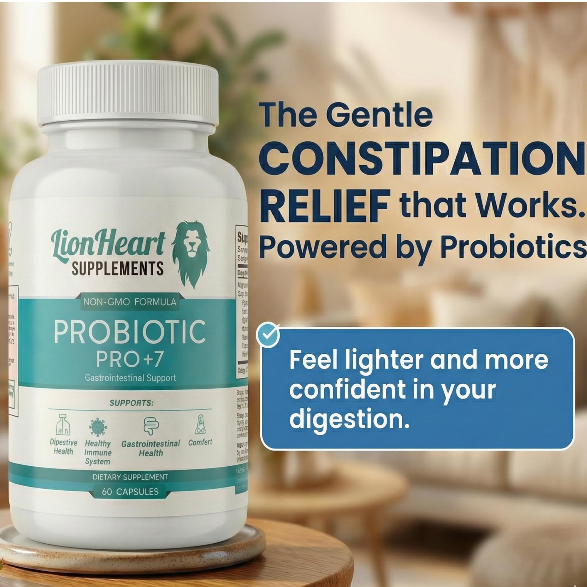 LionHeart Supplements Probiotic Pro Plus 7 displayed with a glass of water
