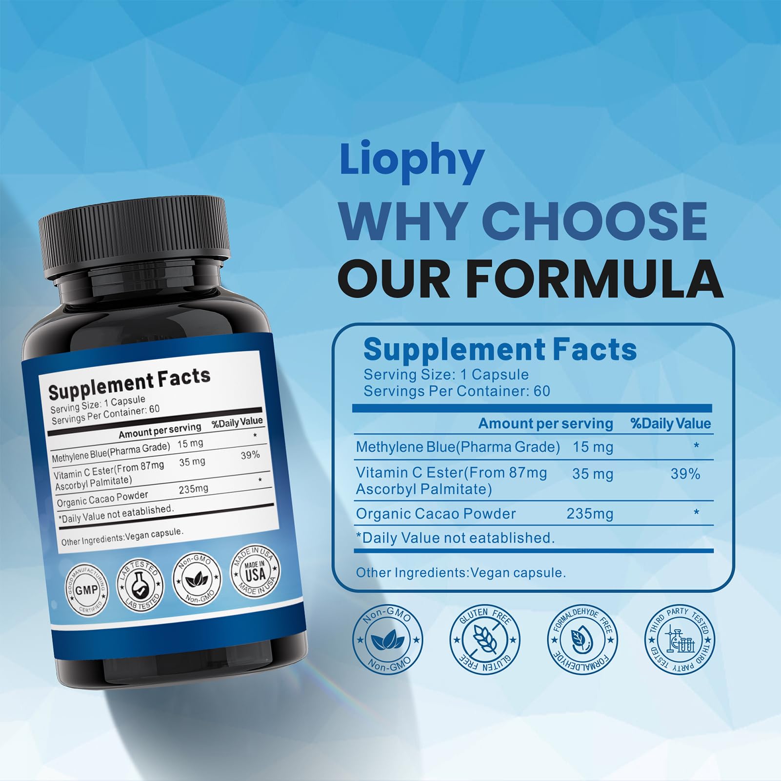 Liophy Methylene Blue Capsules open bottle with capsules visible