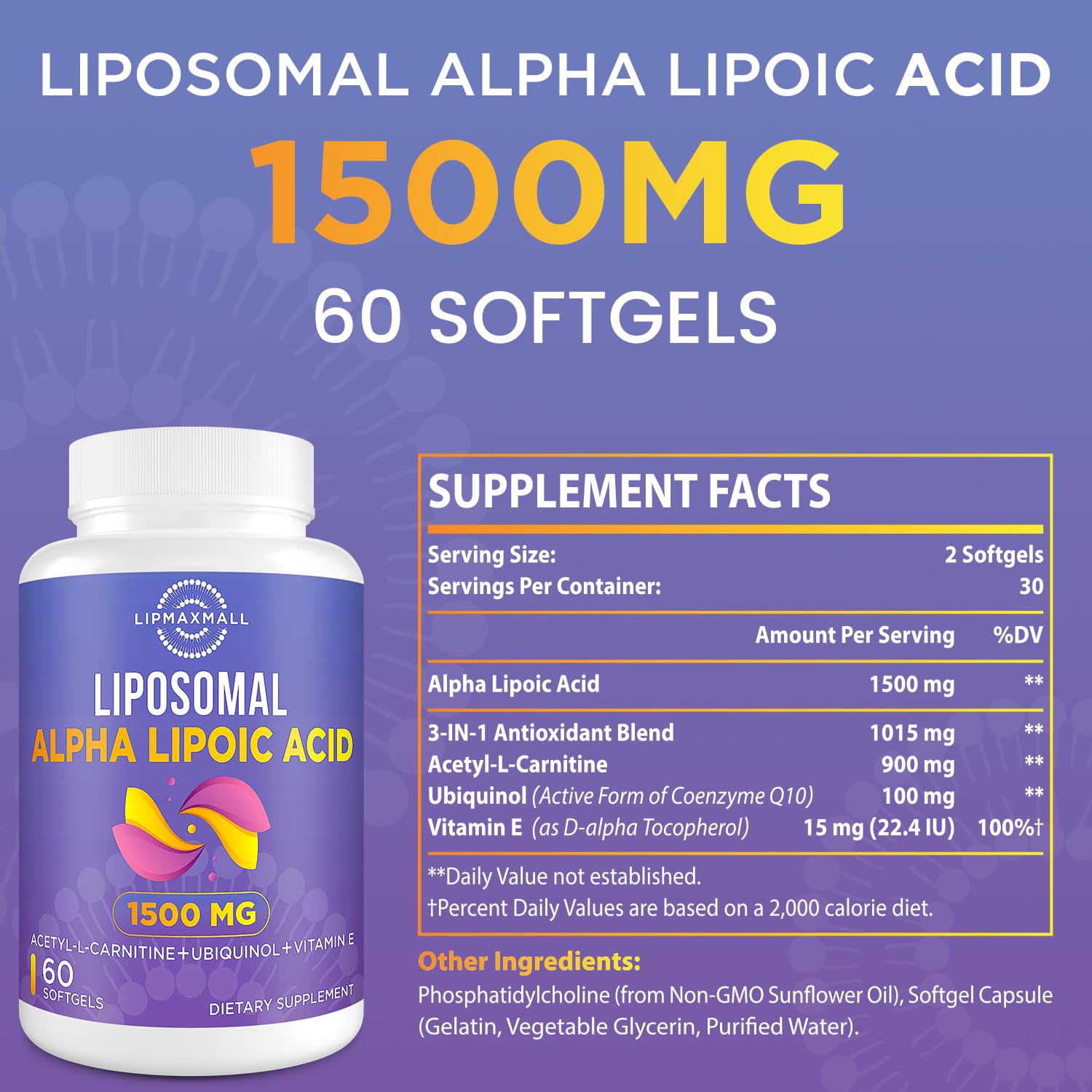 lipmaxmall Alpha Lipoic Acid 1500mg Softgels side view