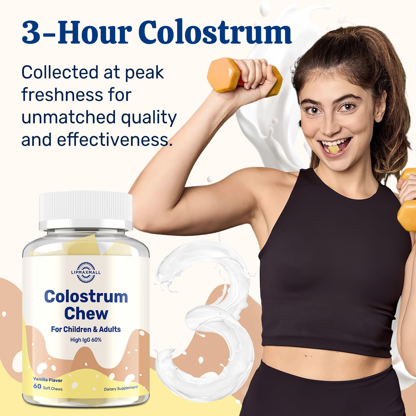 lipmaxmall Colostrum Chews in a bowl with vanilla flowers