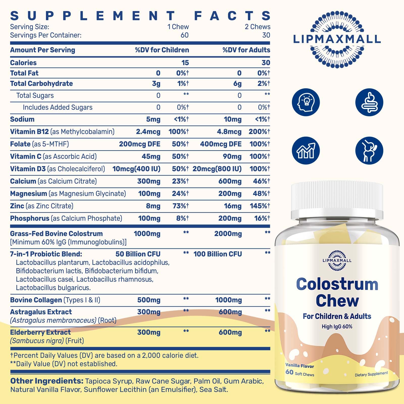 lipmaxmall Colostrum Chews packaging with nutritional information
