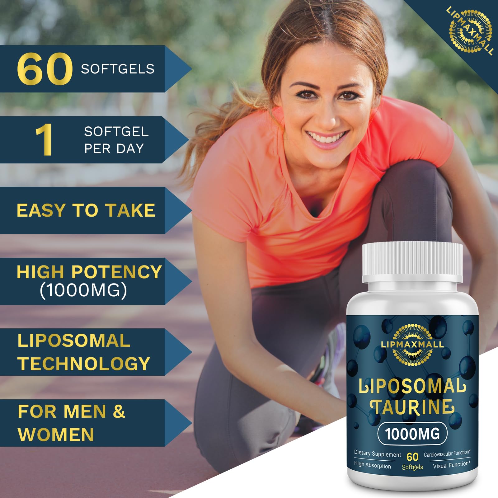 lipmaxmall Taurine 1000mg Softgels displayed on a wooden table